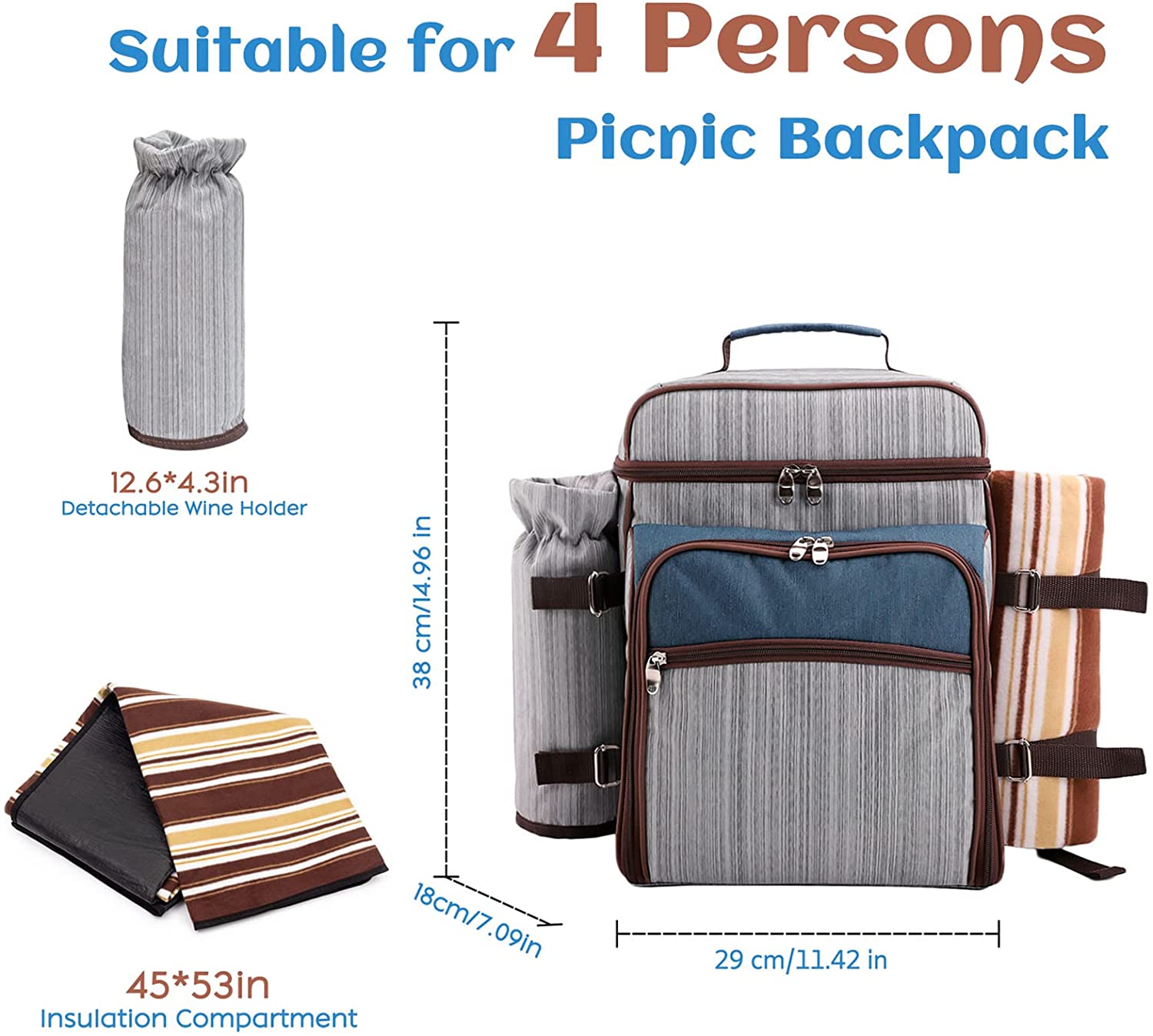 Picnic Backpack Set for 4 Person with Cooler Compartment, Detachable Bottle/Wine Holder, Fleece Blanket(45