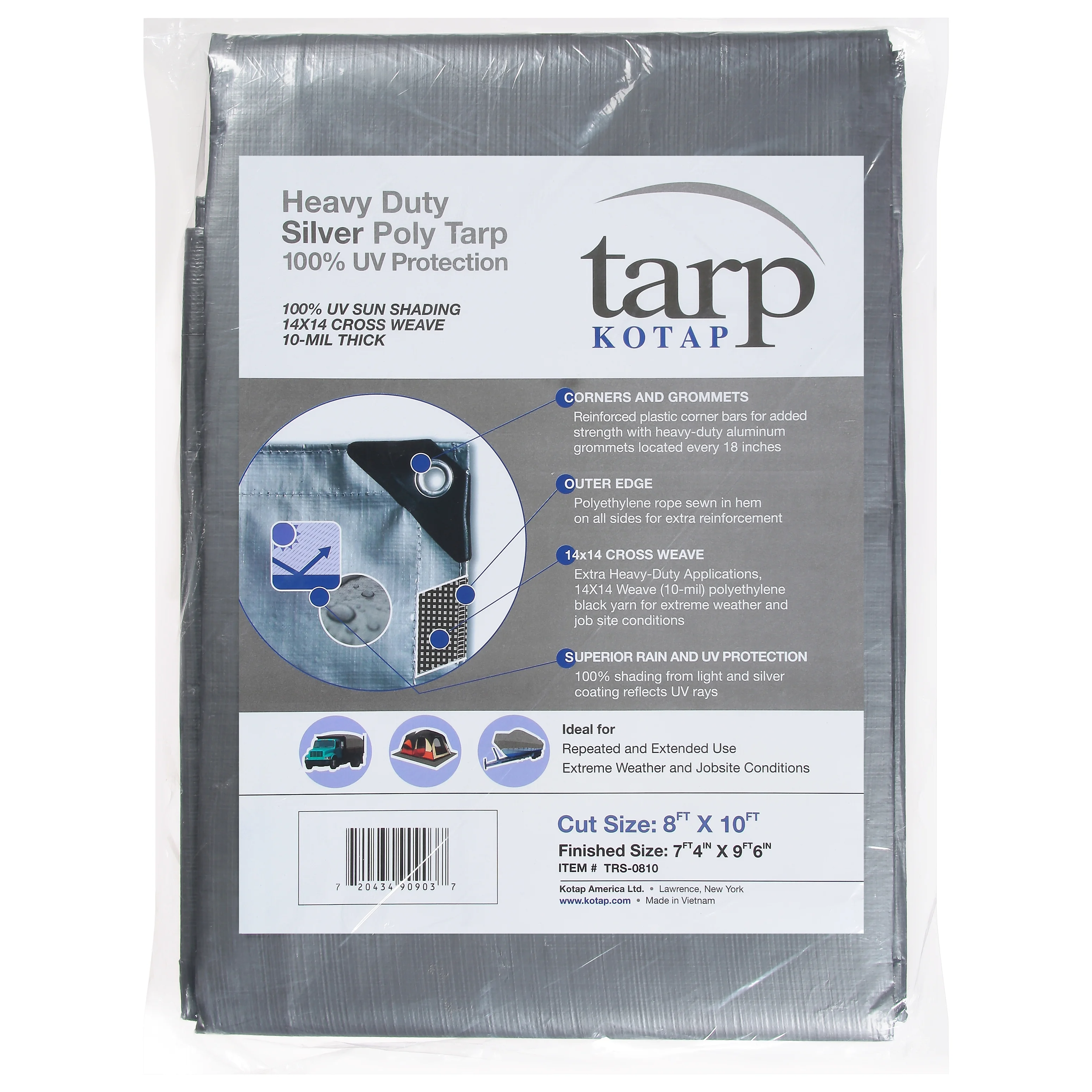 Kotap 8-ft x 10-ft Heavy-Duty 14 by 14 Cross Weave UV Blocking 10-mil Silver Poly Tarp, Item: TRS-0810