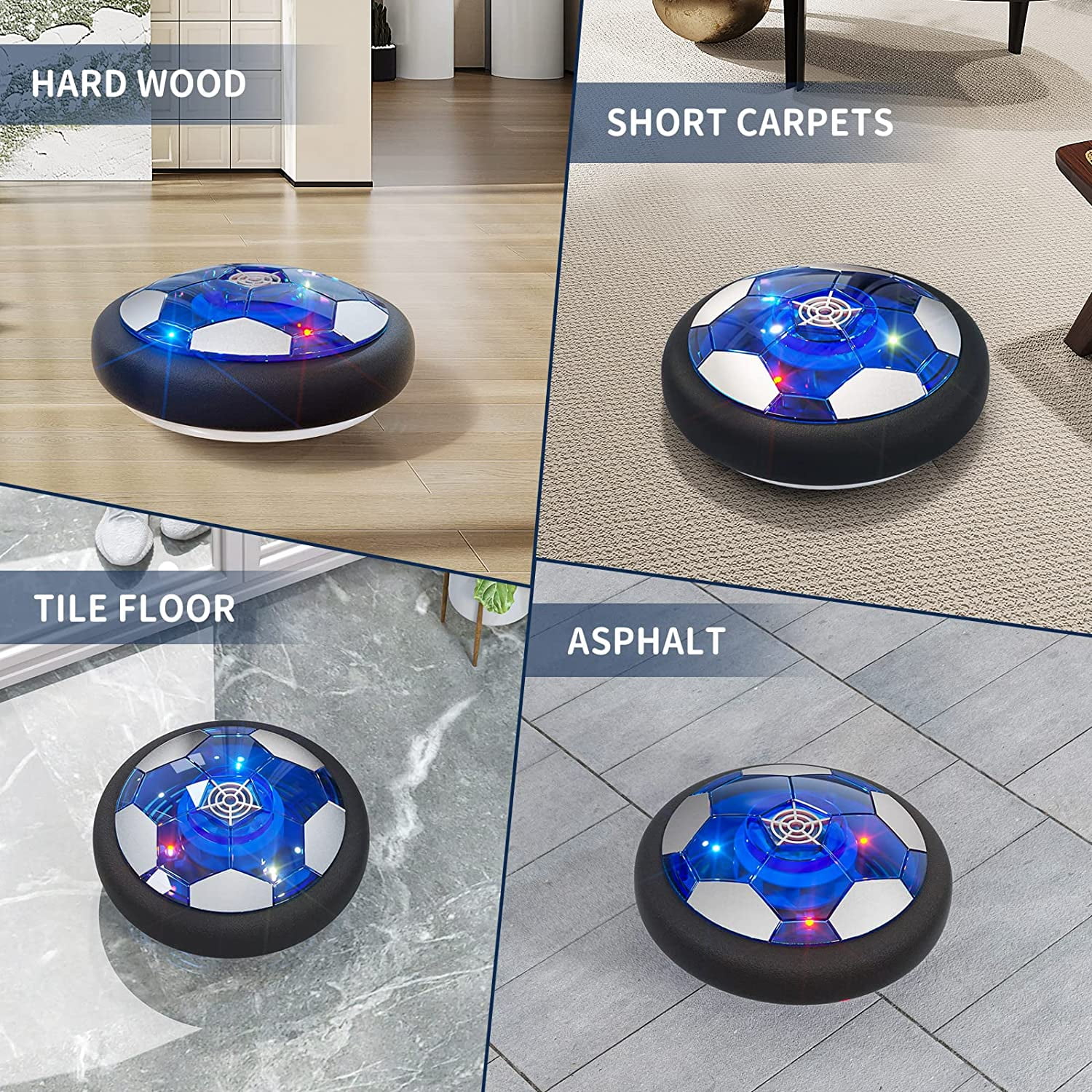 Duslogis Hover Soccer Ball for Kids | Flashing Colored LED Lights | for Smooth Surfaces | New Football Toy, Indoor Battery Operated Air Floating Hovering Disc for Girls and Boys, 2Pcs