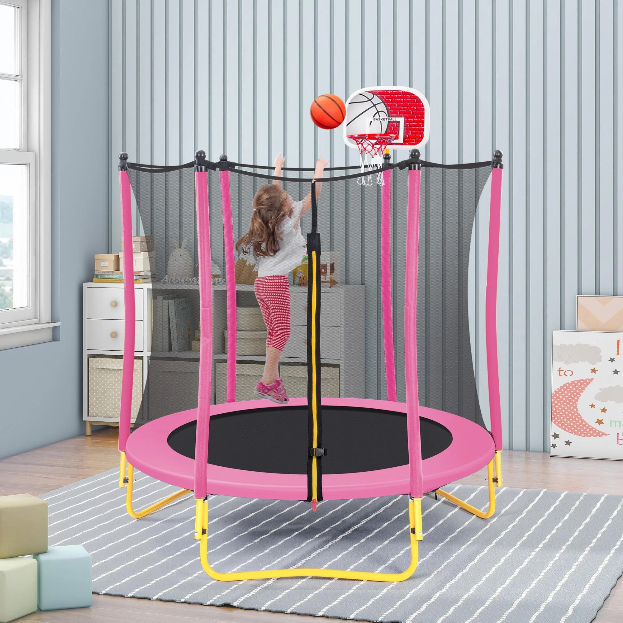 5.5FT Trampoline for Kids - Seizeen Outdoor & Indoor Mini Toddler Trampoline with Enclosure, Basketball Hoop and Ball, Round Small Trampoline, Pink