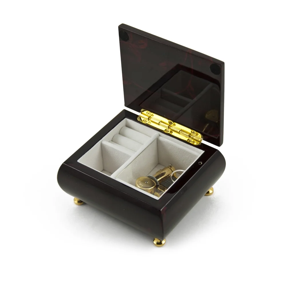Stunning Burgundy Beveled Top Music Jewelry Box With Artistic Floral Motif - Allouette