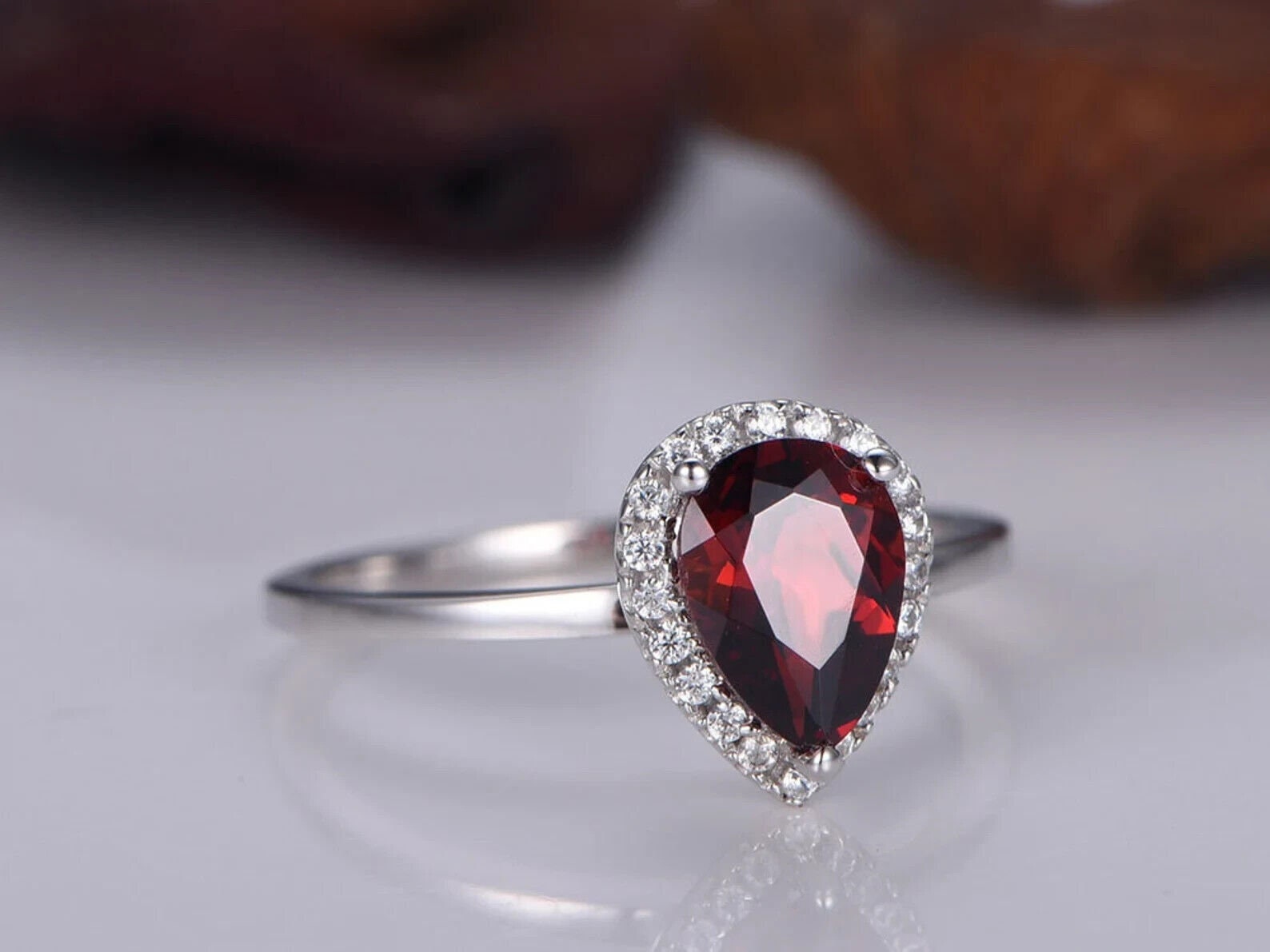 Mom Gift Astrological Rashi Ratna 14k White Gold Bridal Wedding Ring Natural Pear Shaped Garnet Ring Anniversary Gift Ring For Beloved