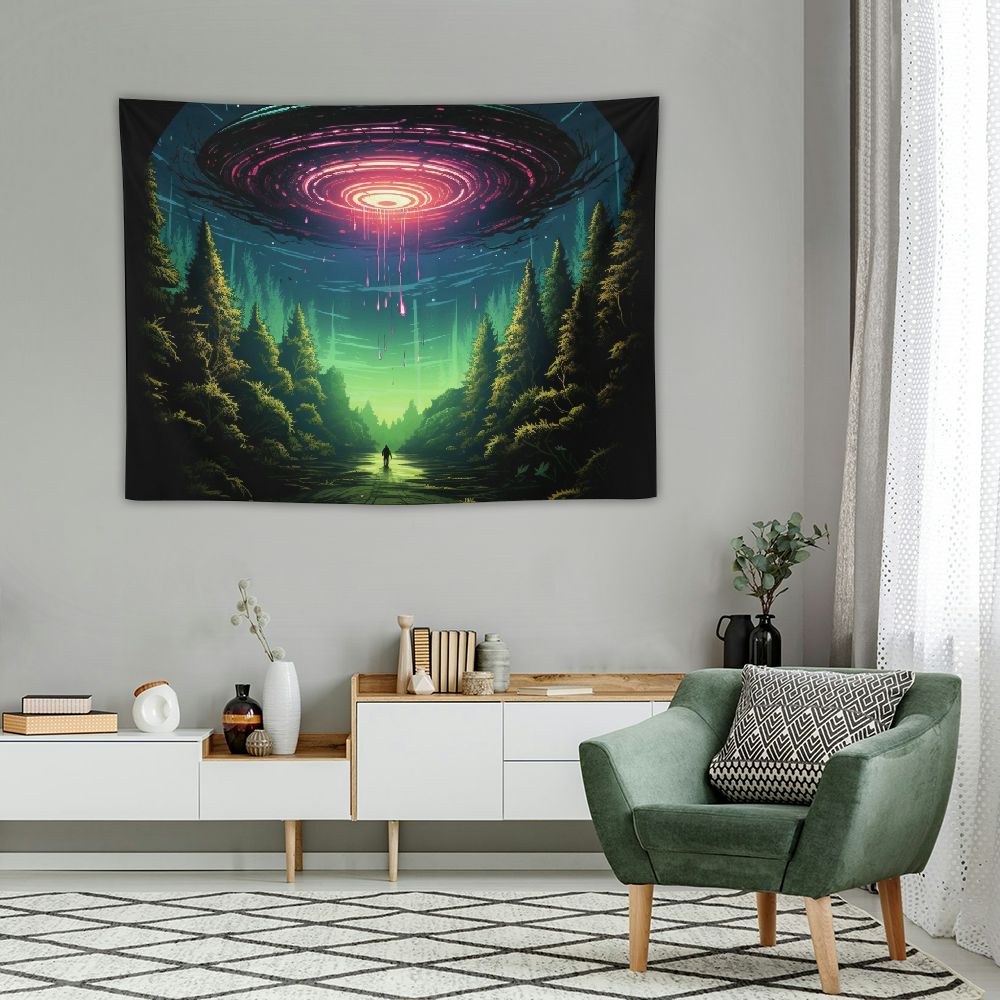 Nawypu  Funny UFO Tapestry, Unique Fun Alien Blue Purple Space Starry Sky Tapestry Wall Hanging for Men Guys Bedroom, Weird Forest Alien Tapestries Poster Blanket College Dorm Home Decor