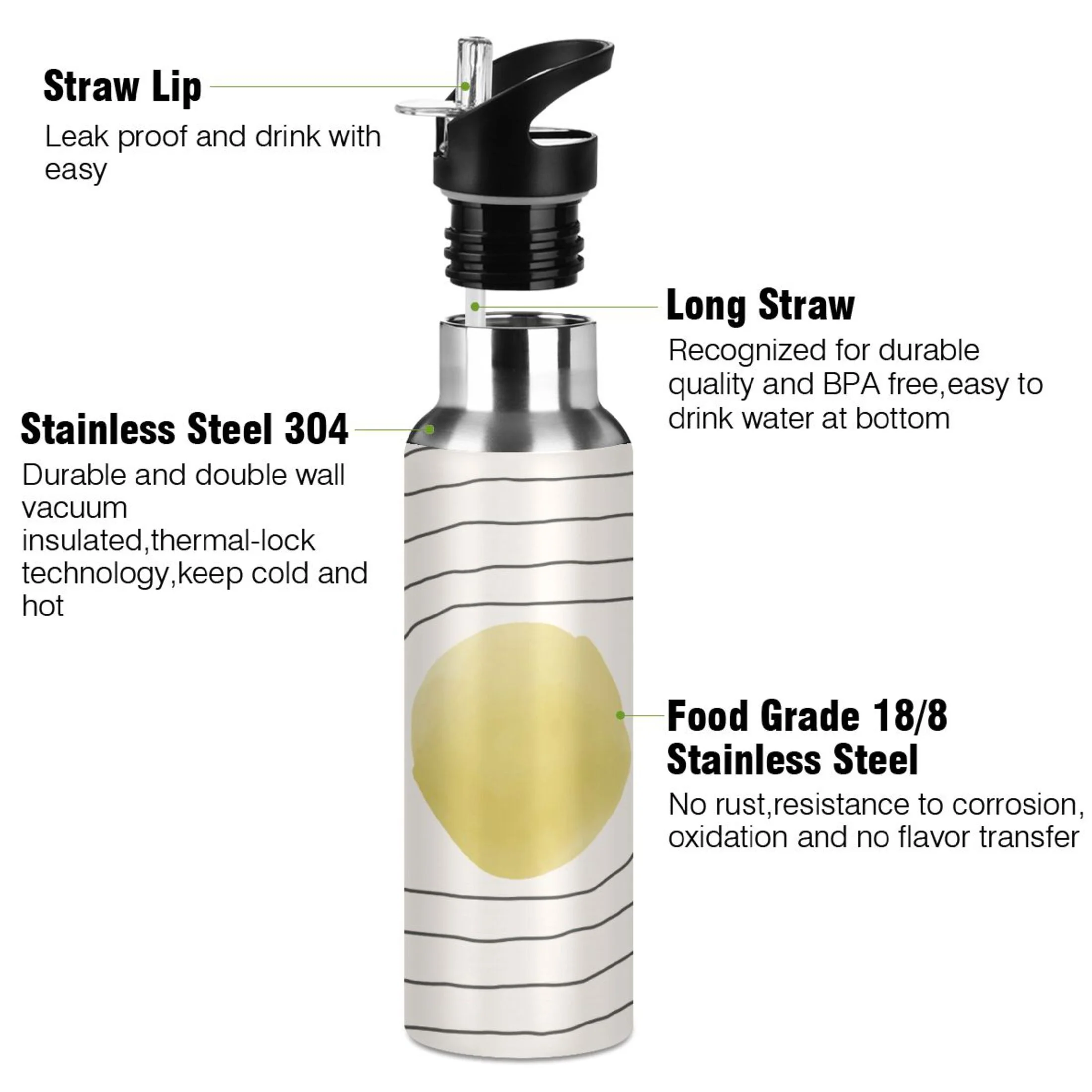 Stainless Steel Water Bottle Retro with Straw Lid Vacuum Insulated Leak Proof Flask Jug for Gym Travel Sports Cycling Outdoor 20 OZ