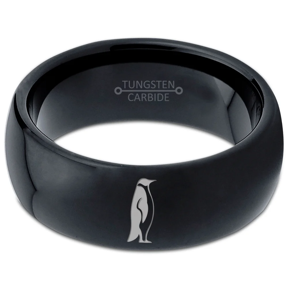 Tungsten Emperor King Penguin Standing Band Ring 8mm Men Women Comfort Fit Black Dome Polished