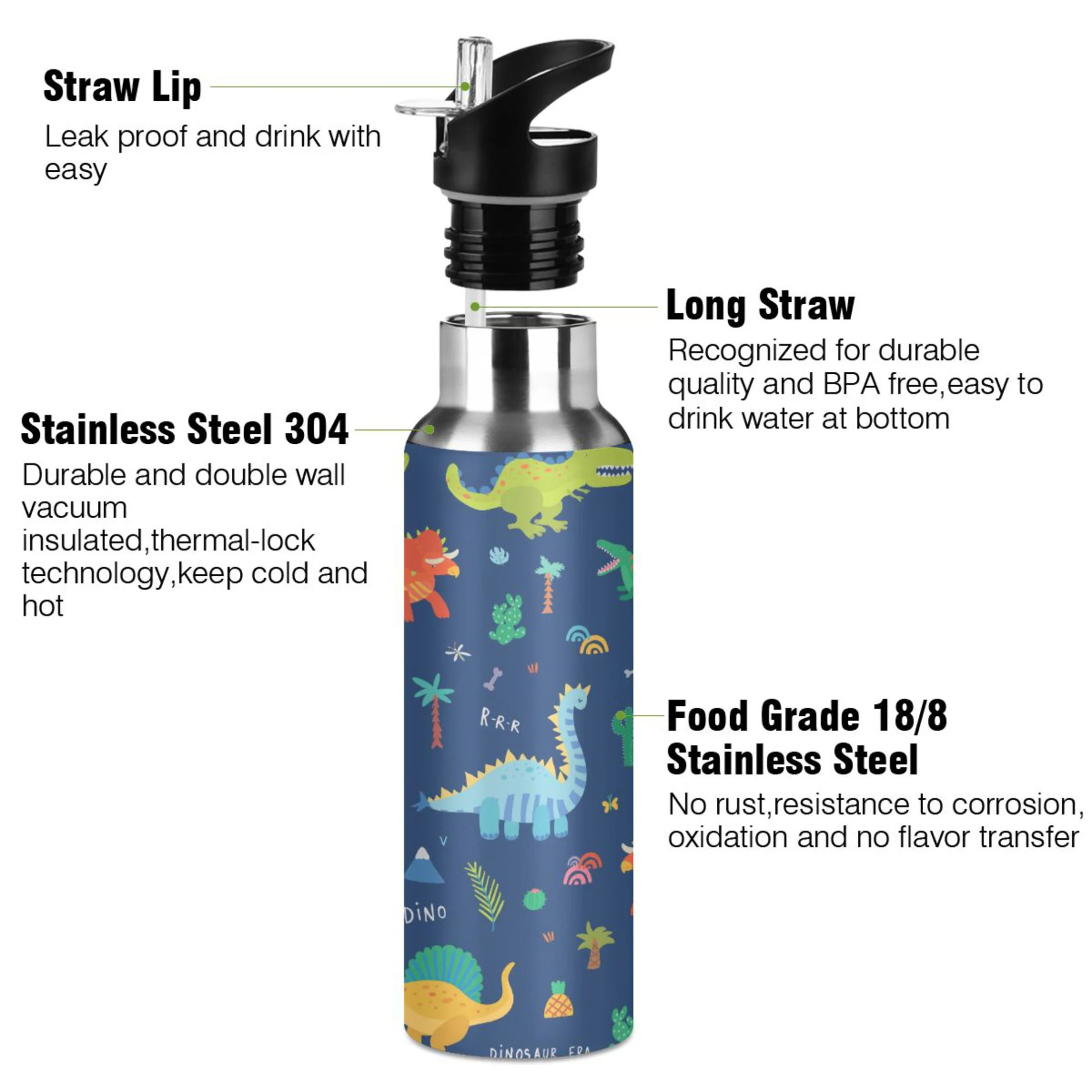 Water Bottle with Straw Lid Leak Dinosaur Cactus Stainless Steel Insulated Thermos Vacuum Flask for Cold Hot Drinking for Sports Camping Gym Yoga