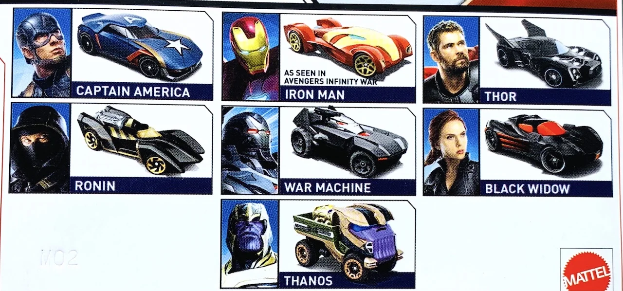 Hot Wheels AVENGERS Set of 7 Diecast Character Cars Captain America,Iron Man,Thor, Black Widow,Ronin, Thanos,War Machine