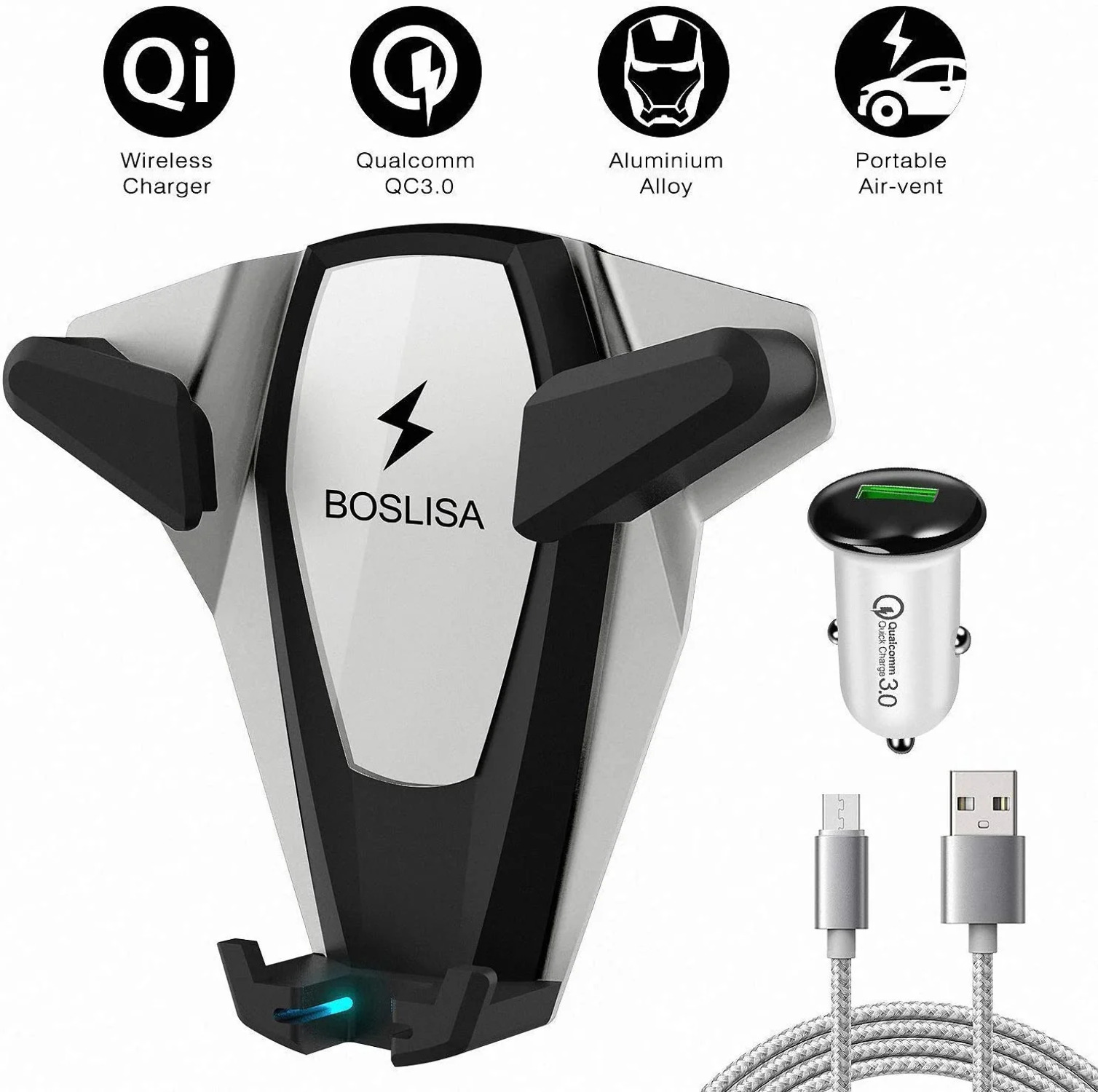 Cellphone Mount for Car Vent Wireless charge Fast Charger Micro usb Silver