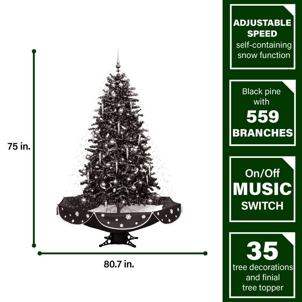 Fraser Hill Farm White Prelit LED Black Decorated Pine Musical Christmas Tree, with Umbrella Base 6.25'