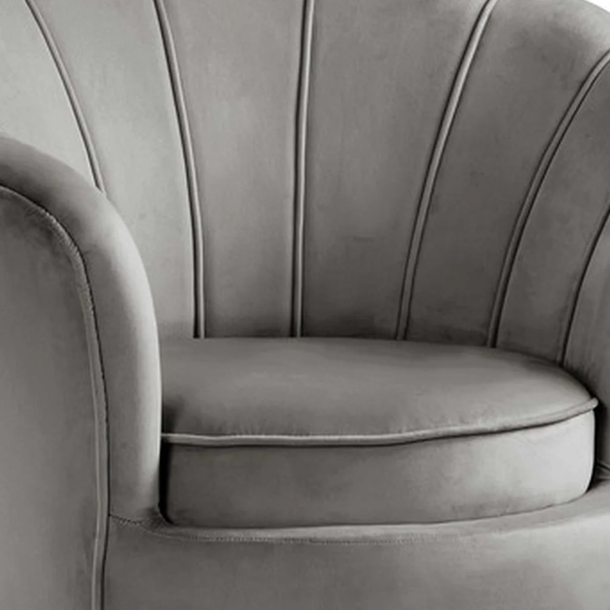 Lotus 34 Inch Barrel Accent Chair, Channel Tufted Scallop Back, Gray Velvet- Saltoro Sherpi