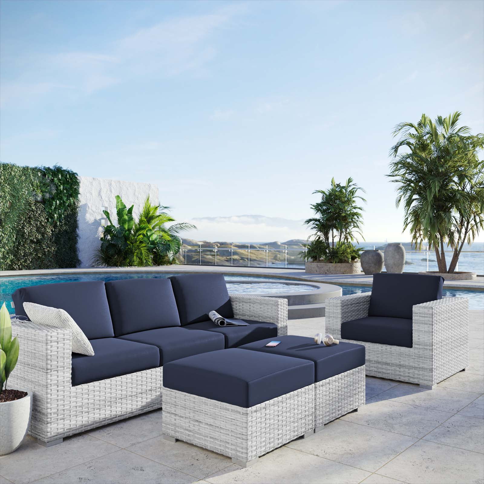 Lounge Sectional Sofa Chair Set, Rattan, Wicker, Light Grey Gray Blue Navy, Modern Contemporary Urban Design, Outdoor Patio Balcony Cafe Bistro Garden Furniture Hotel Hospitality