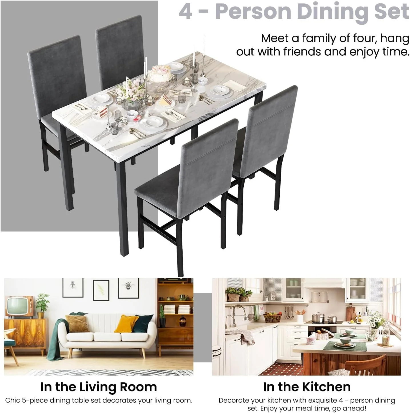 Recaceik 5 Pieces Dining Room Table Set for 4, Space Saving Kitchen Table and Chairs ,  Set with 4 Upholstered PU Leather Chairs and Faux Marble Tabletop,Gray + White