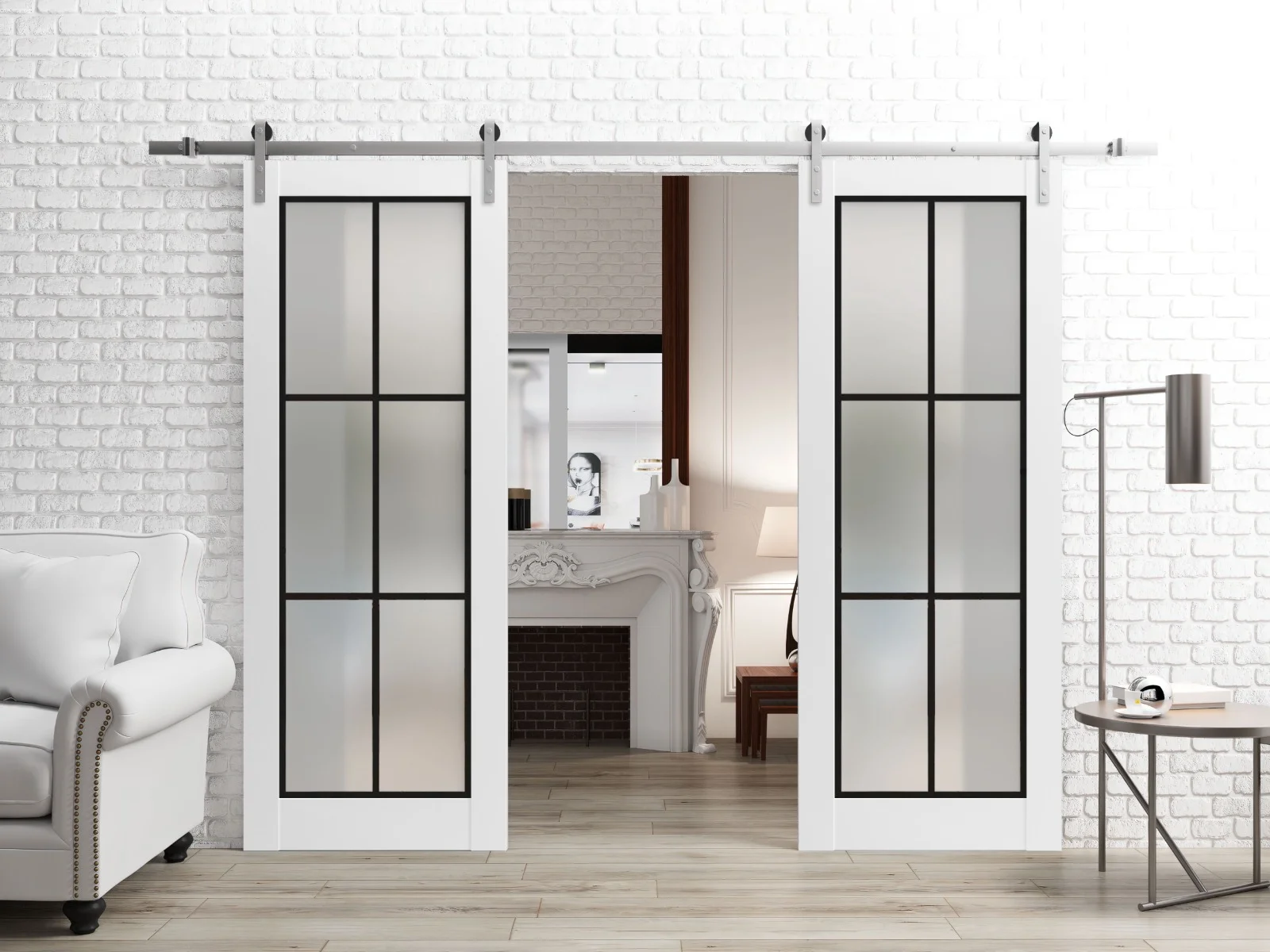 Sturdy Double Barn Door 36 x 80 inches | Planum 2122 White Silk Frosted Glass | Stainless Steel 13FT Rail Hangers Heavy Set | Solid Panel Interior Doors