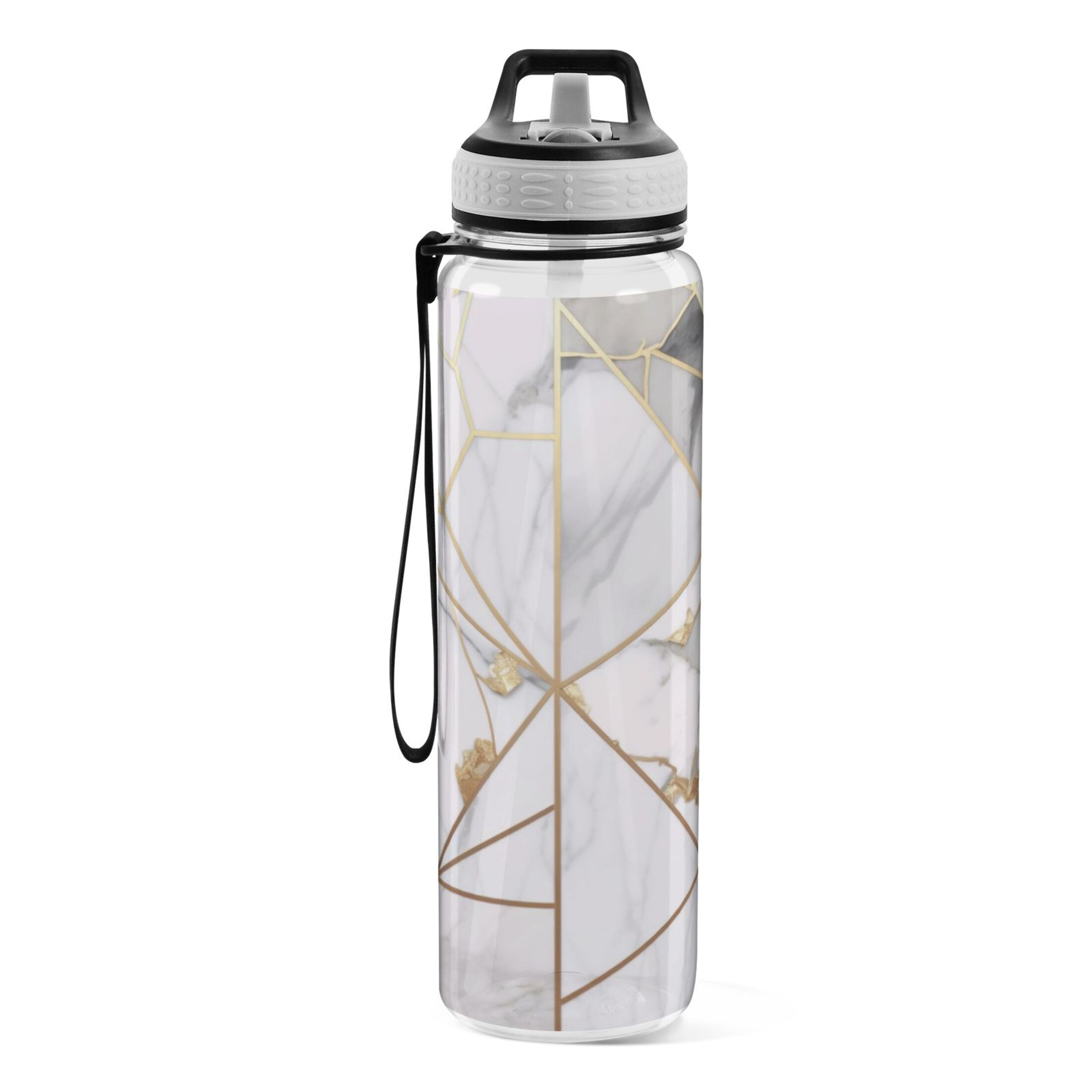 Grey and Golden Marble 32oz Water Bottles with Straw Tritan Leakproof Sports Bottle BPA Free Clear for Fitness Gym Swimming Cycling