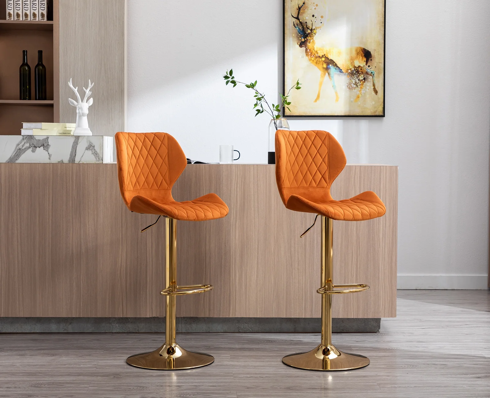 Guyou Adjustable Swivel Bar Stools Set of 2, Modern Velvet Counter Height Chairs with Backrest and Footrest for Kitchen Island Bar Restaurant, Orange