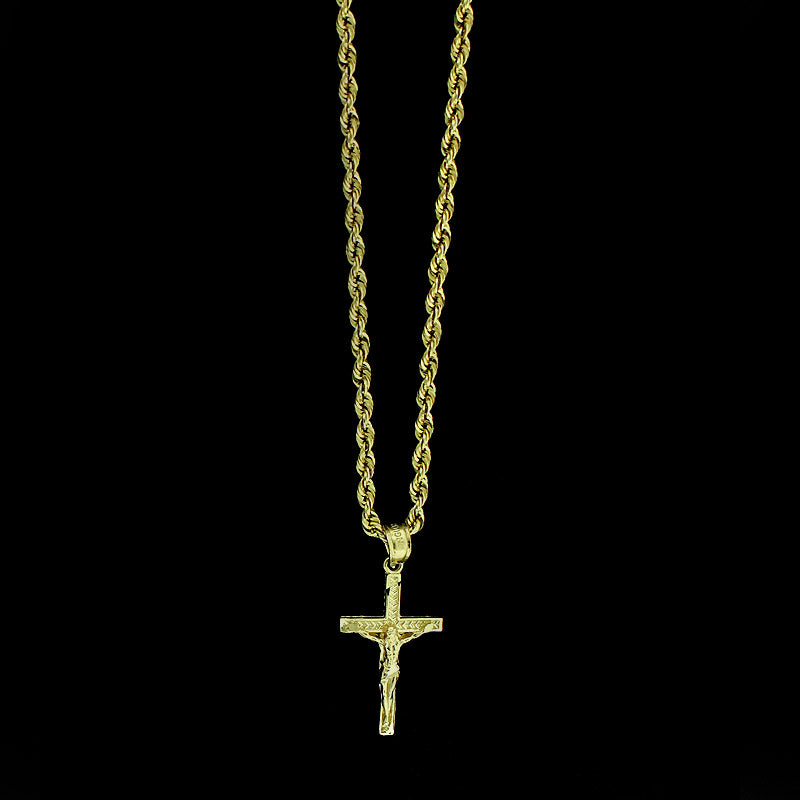 Real 10K Yellow Gold Jesus Cross Charm Pendant Diamond Cut & 2mm Rope Chain