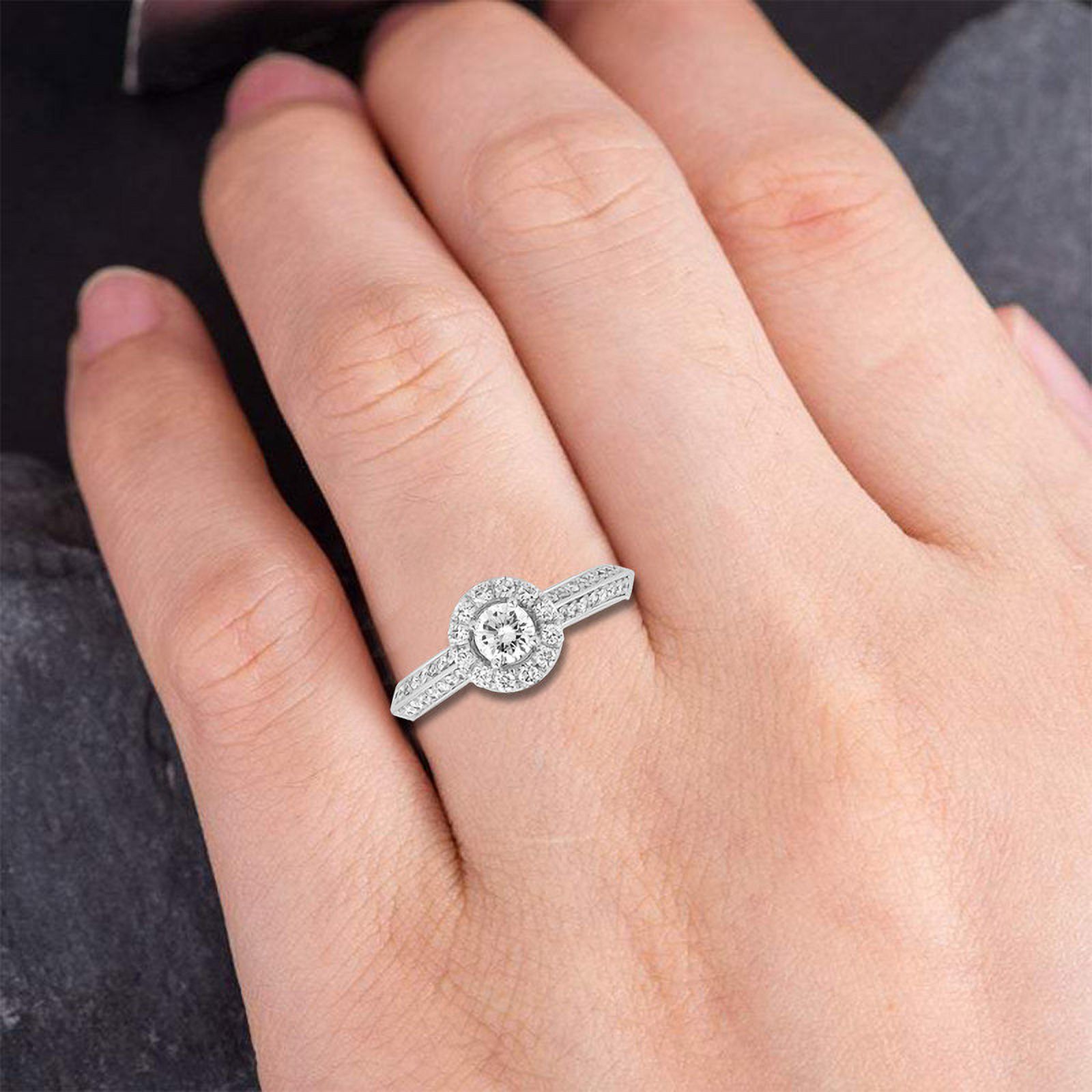 0.75 Cttw Round Cut Lab Created Solitaire Diamond Halo Engagement Ladies Ring with Side Stone |Prong Set |Size-7 | 14KT Solid White Gold | Gifts for Women|(Clarity: VVS, Color: FG) by Dewberry