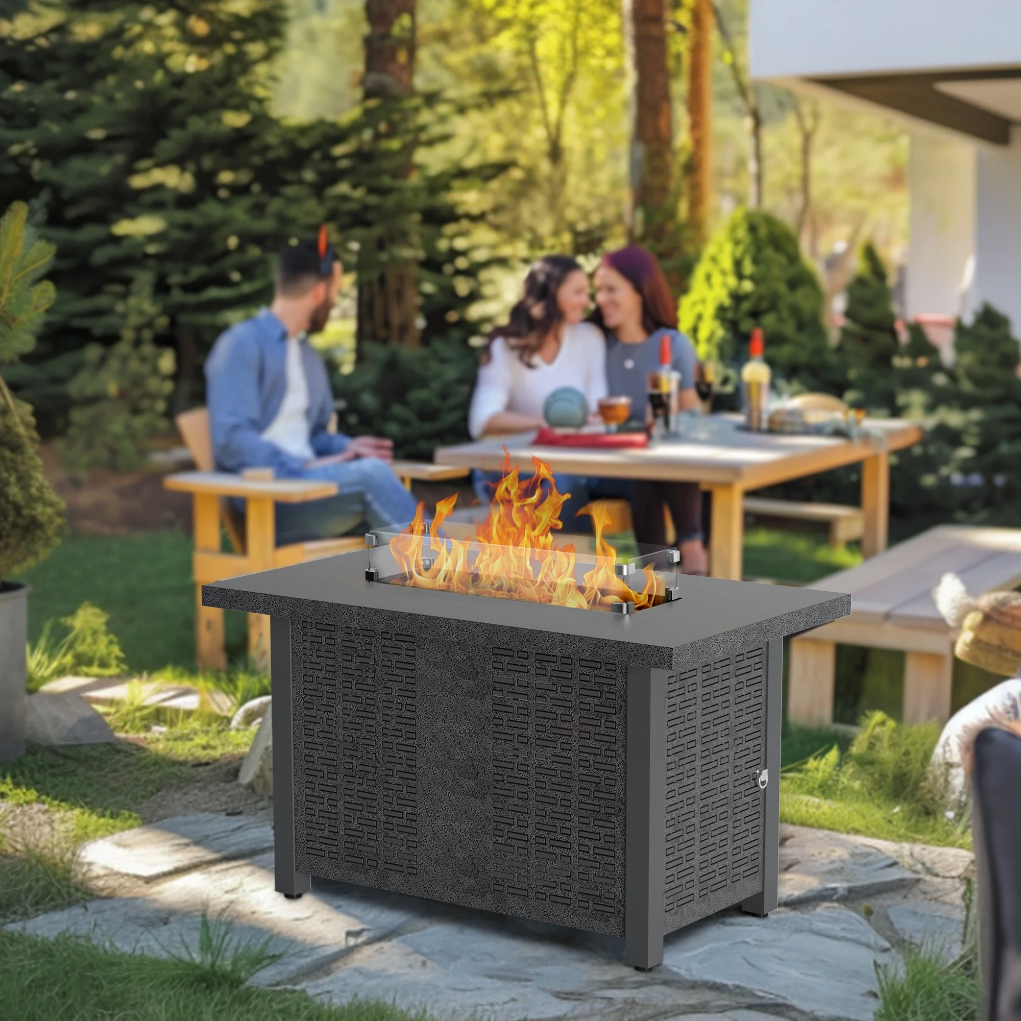 Essential Lounger 42 inch 50,000 BTU Rectangle Propane Gas Fire Pit Table, Outdoor Dining Table with Lid,Glass Wind Guard,Waterproof Cover,Lava Rocks - Steel