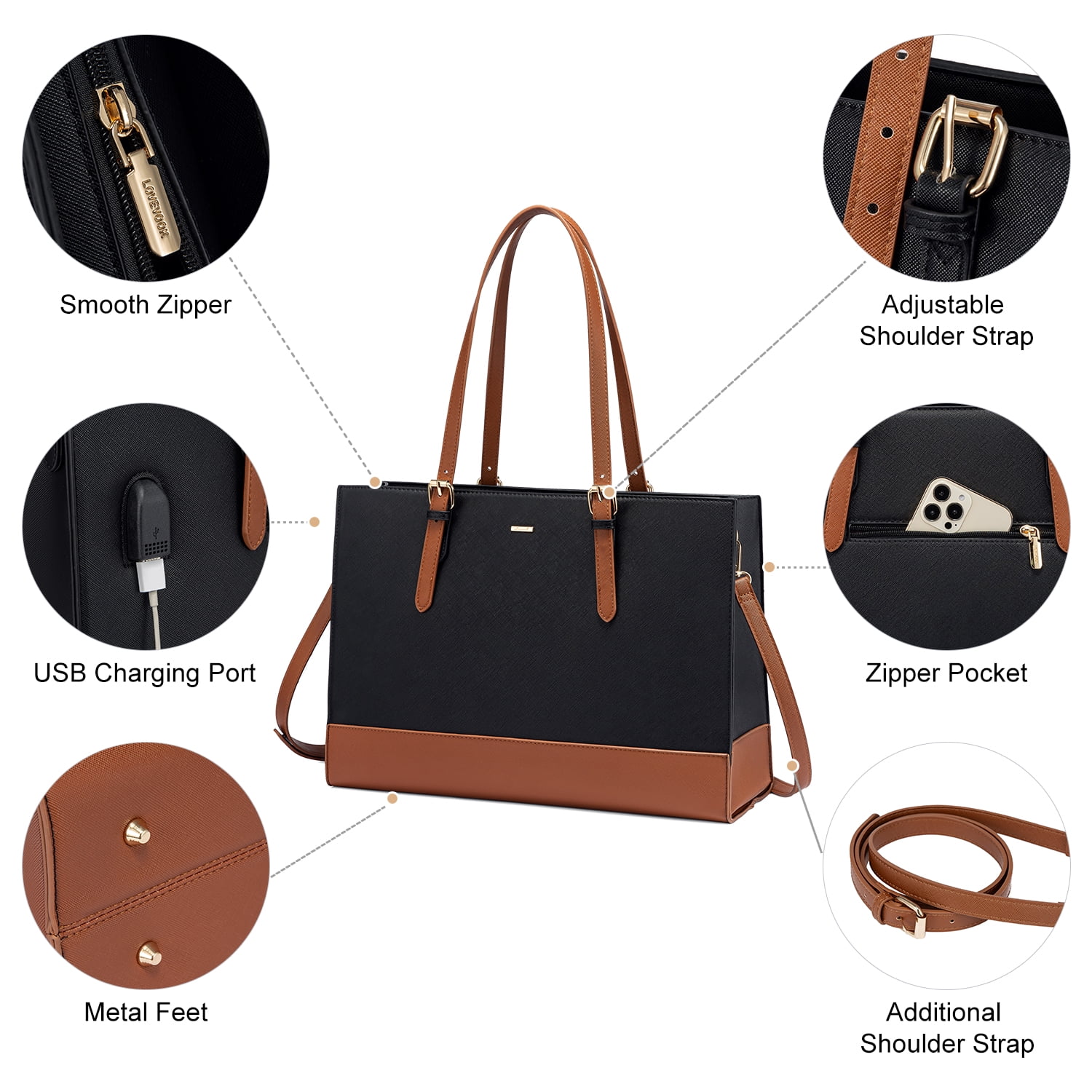 Lovevook Laptop Totes for Women, Leather Waterproof Work Bag Fit 15.6 inch Computer, Handbags Shoulder Bags for Laptop Women
