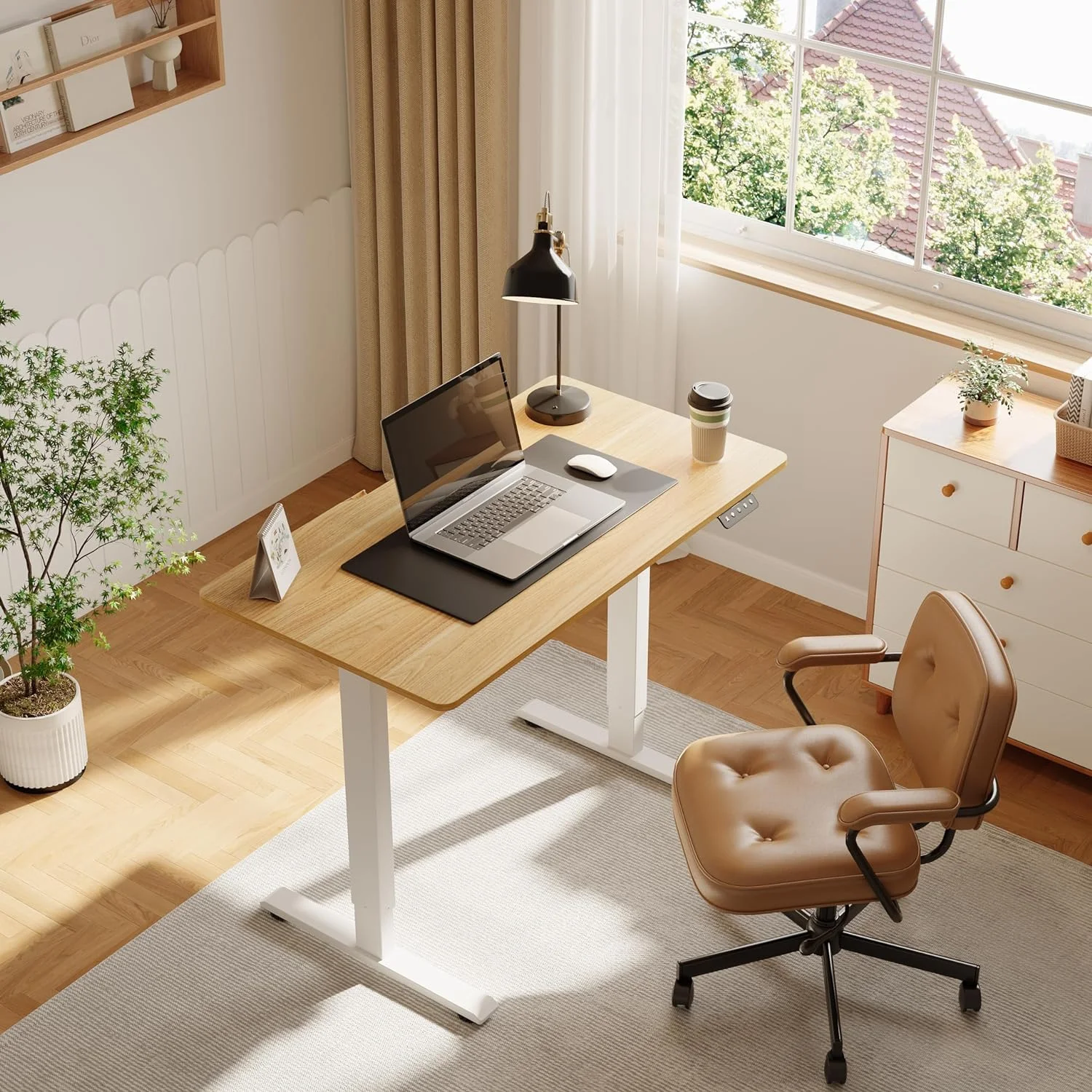 Adjustable Stand Up Desk with Whole Piece Desk Board, 44 x 24 Inch Electric Standing Desk Home Office Desk Computer Workstation Sit Stand Desk, Maple Top + White Frame