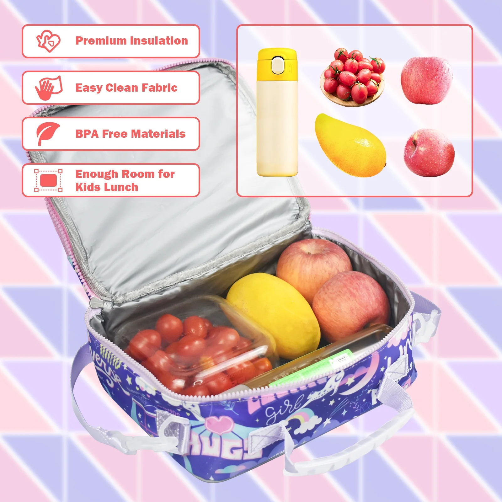 KidsPUNK Insulated Lunch Bag for Girls School Cute Cat Lunch Box  Waterproof with Adjustable Strap for Kids Preschool Elementary