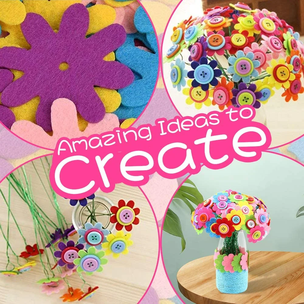 MAINYU Flower Craft Kit for Kids Colorful Buttons and Felt Flower Kit Vase Arts Toy Craft Project for Girls and Boys Fun DIY Activity Gift for Children Ages 4 5 6 7 8 9 Years Old Birthday Xmas Gift