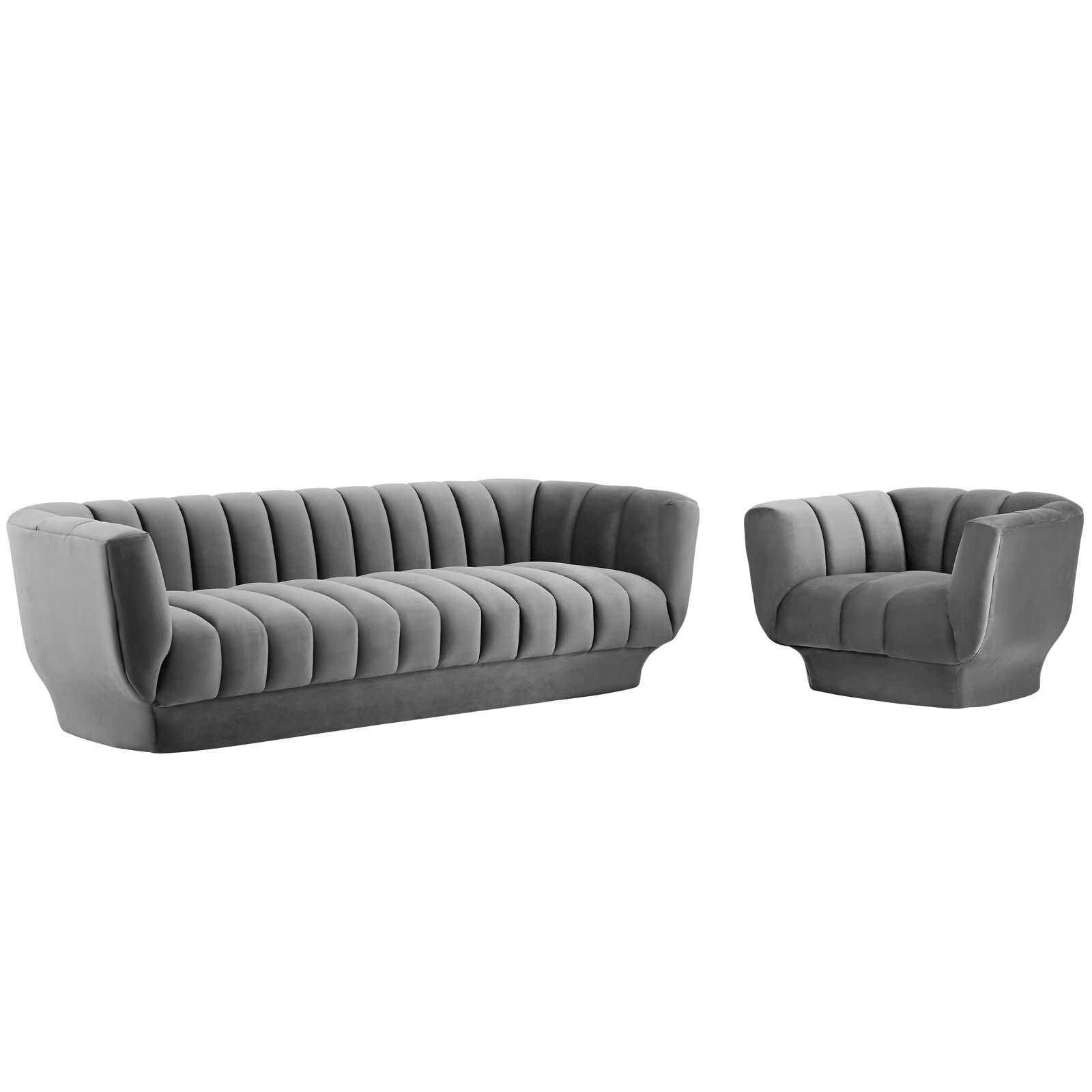 Modway Entertain Vertical Channel Tufted Performance Velvet Sofa and Armchair Set in Gray