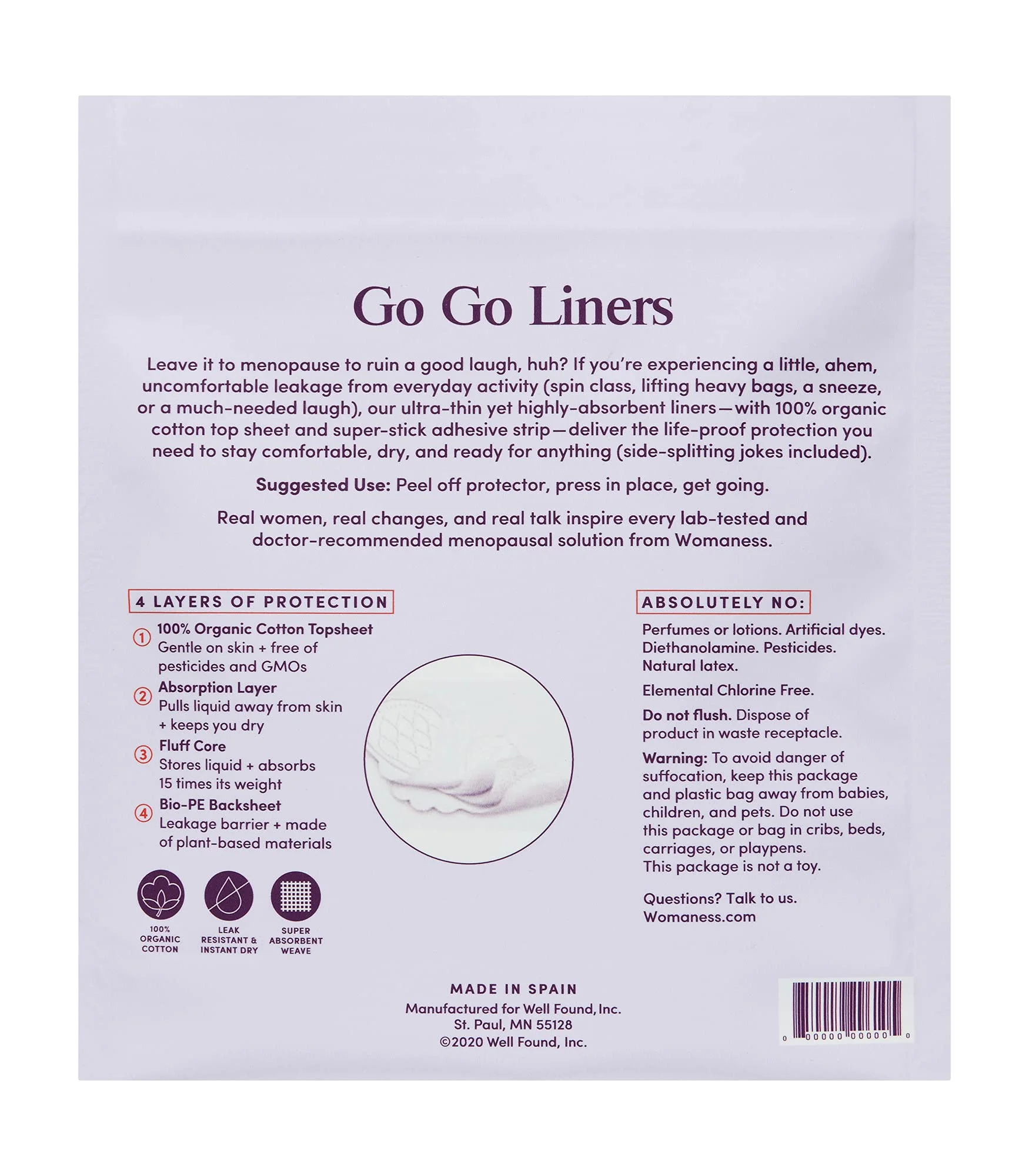Womaness Go Go Liners Feminine Pads - Light Everyday Bladder Incontinence Pads for Women - Menopause Relief Absorbent, Comfortable Discreet Protection Organic Cotton Top Sheet Panty Liners (66 Pads)