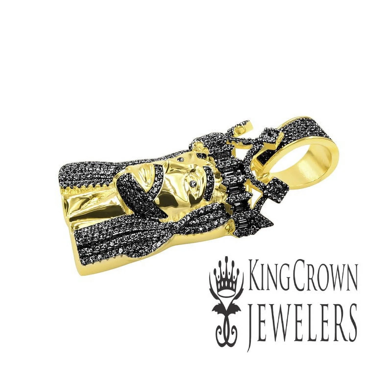 Real Yellow Gold Sterling Silver Black Simulated Diamonds Jesus Face Piece Pendent Holy Christ Crown Charm 2.25''