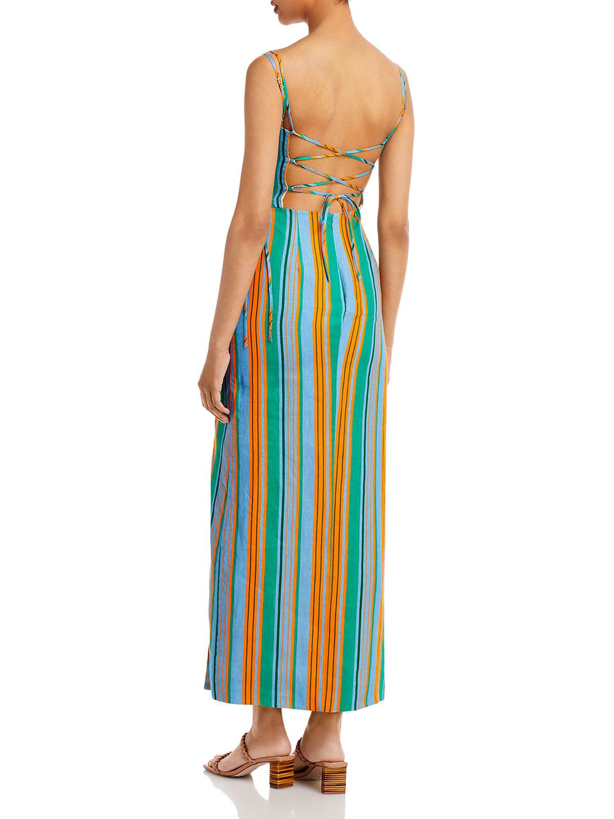 STAUD Womens Linen Striped Wrap Dress