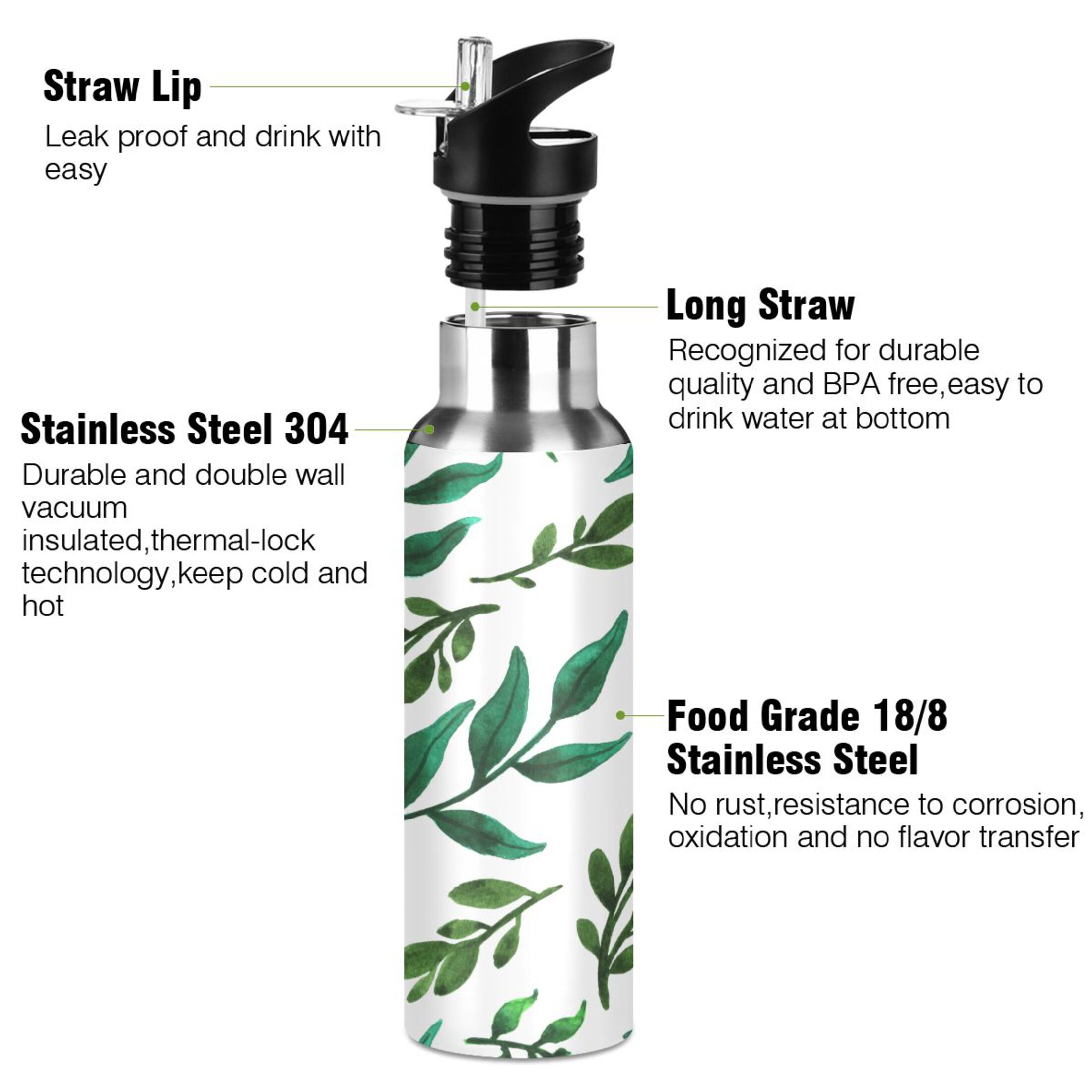 Water Bottle with Straw Lid Leak Leaf Green Leaves Stainless Steel Insulated Thermos Vacuum Flask for Cold Hot Drinking for Sports Camping Gym Yoga
