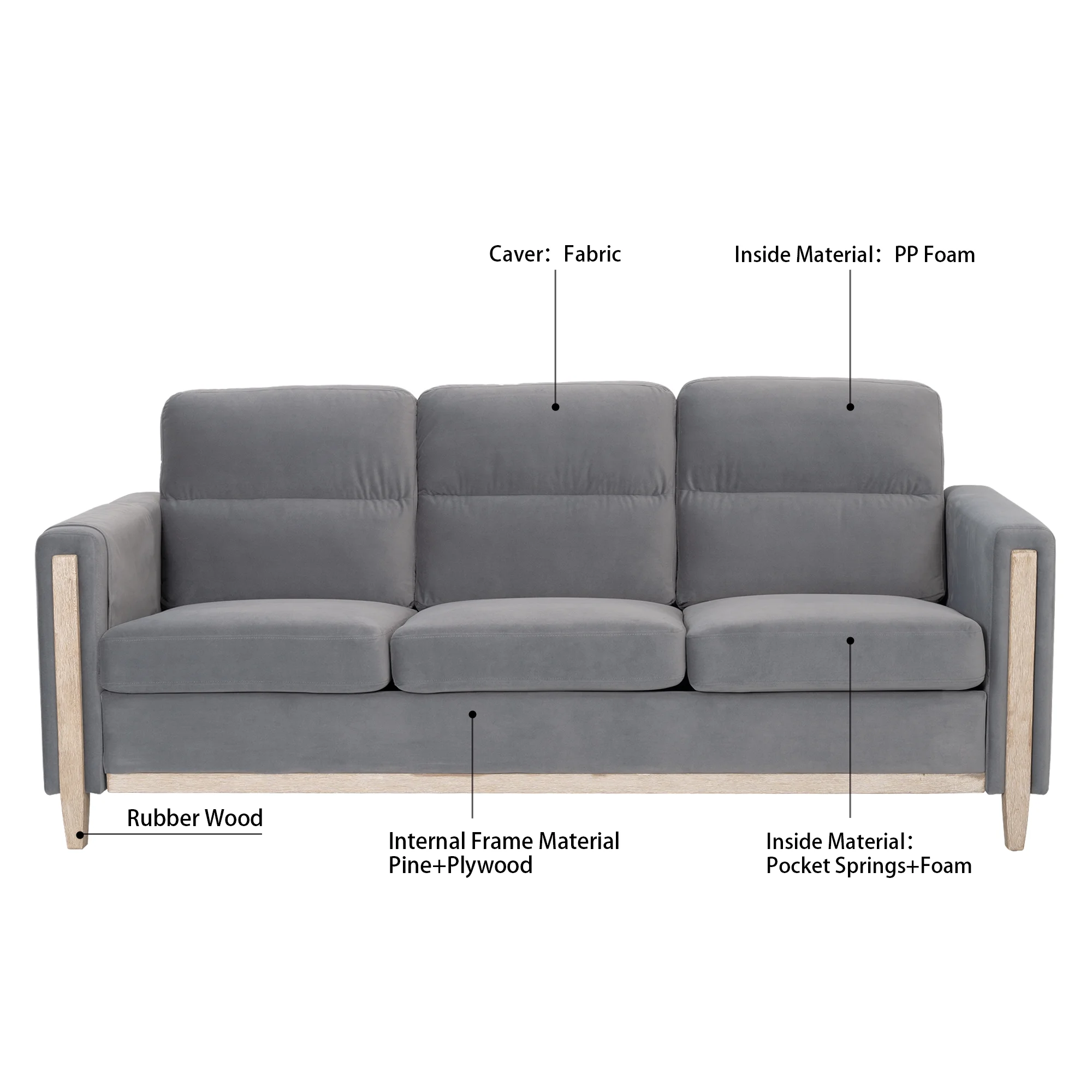 Comfortable Solid Wood 3-Seater Sofa - Soft Cushions, Durable and Long-lasting,79.5
