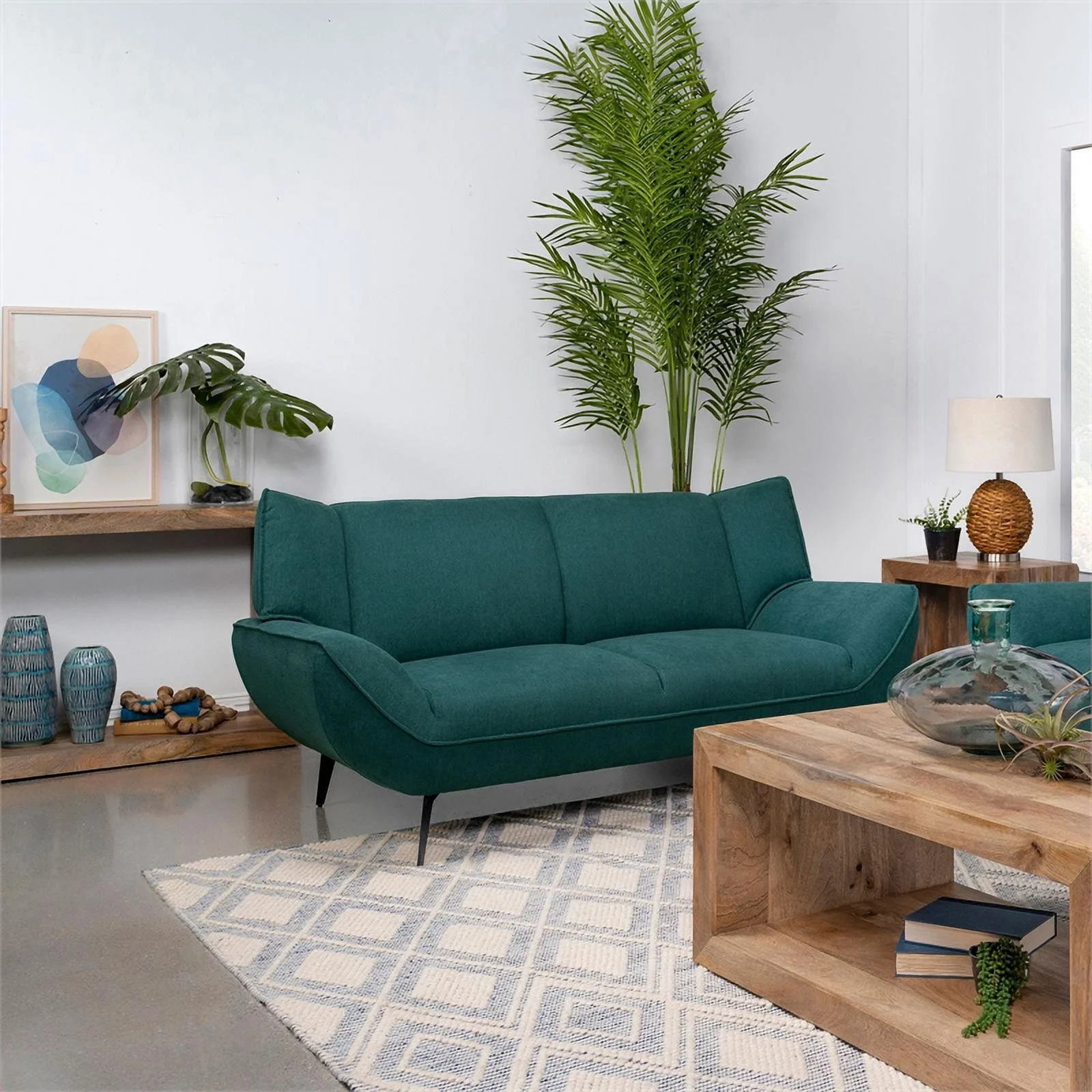 Pemberly Row Mid-Century Fabric Upholstered Wing Back Loveseat in Teal