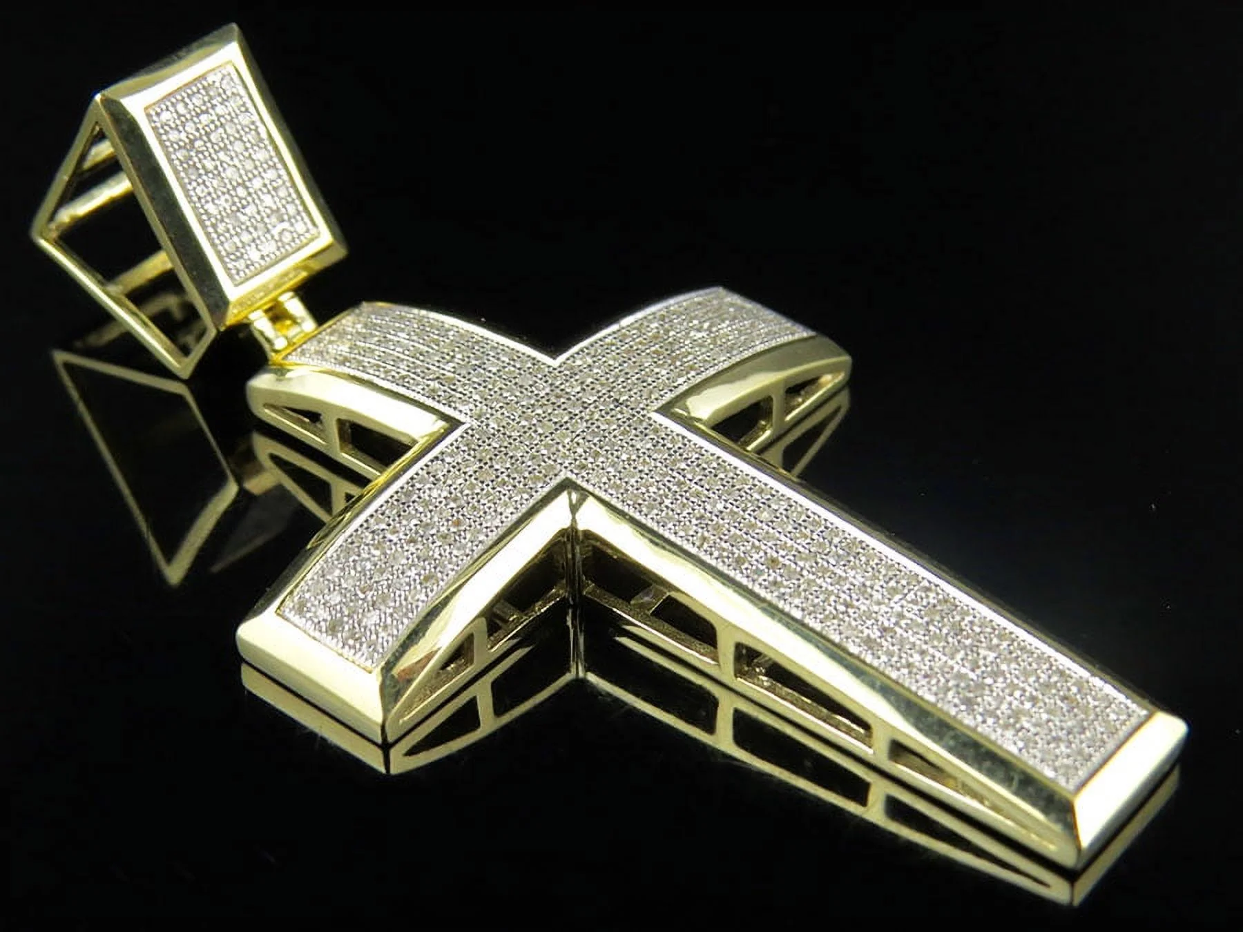 XL 10K Yellow Gold Dome Cross Pave Diamond 2 1/2 Inch Pendant Charm 1.70ct.