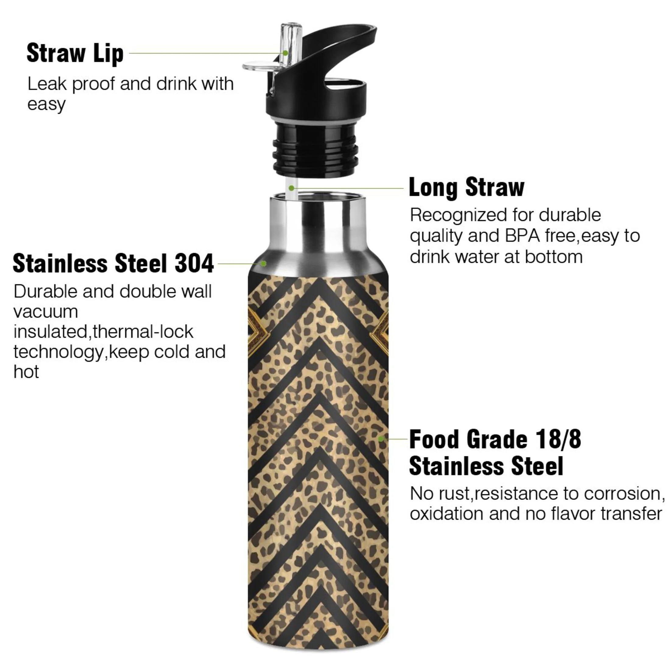 Stainless Steel Water Bottle Leopard Baroque Print Black & White Stripe Hispter with Straw Lid Vacuum Insulated Leak Proof Flask Jug for Gym Travel Sports Cycling Outdoor 20 OZ