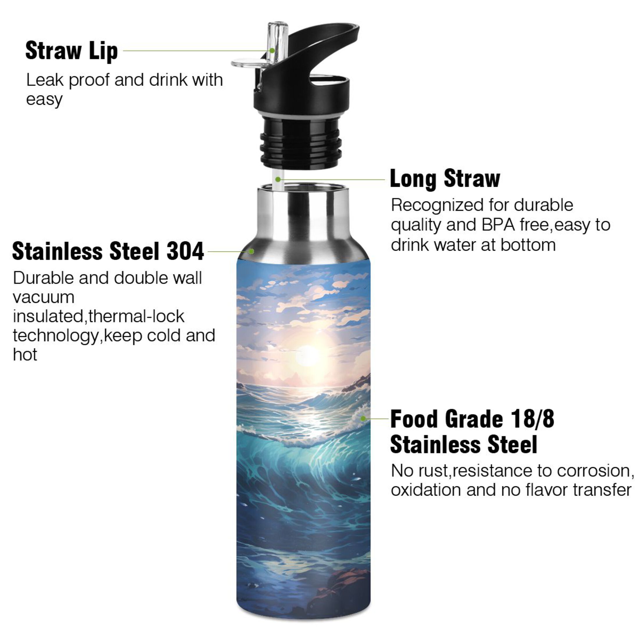 Water Bottle with Straw Lid Leak Sea in Sunset Stainless Steel Insulated Thermos Vacuum Flask for Cold Hot Drinking for Sports Camping Gym Yoga