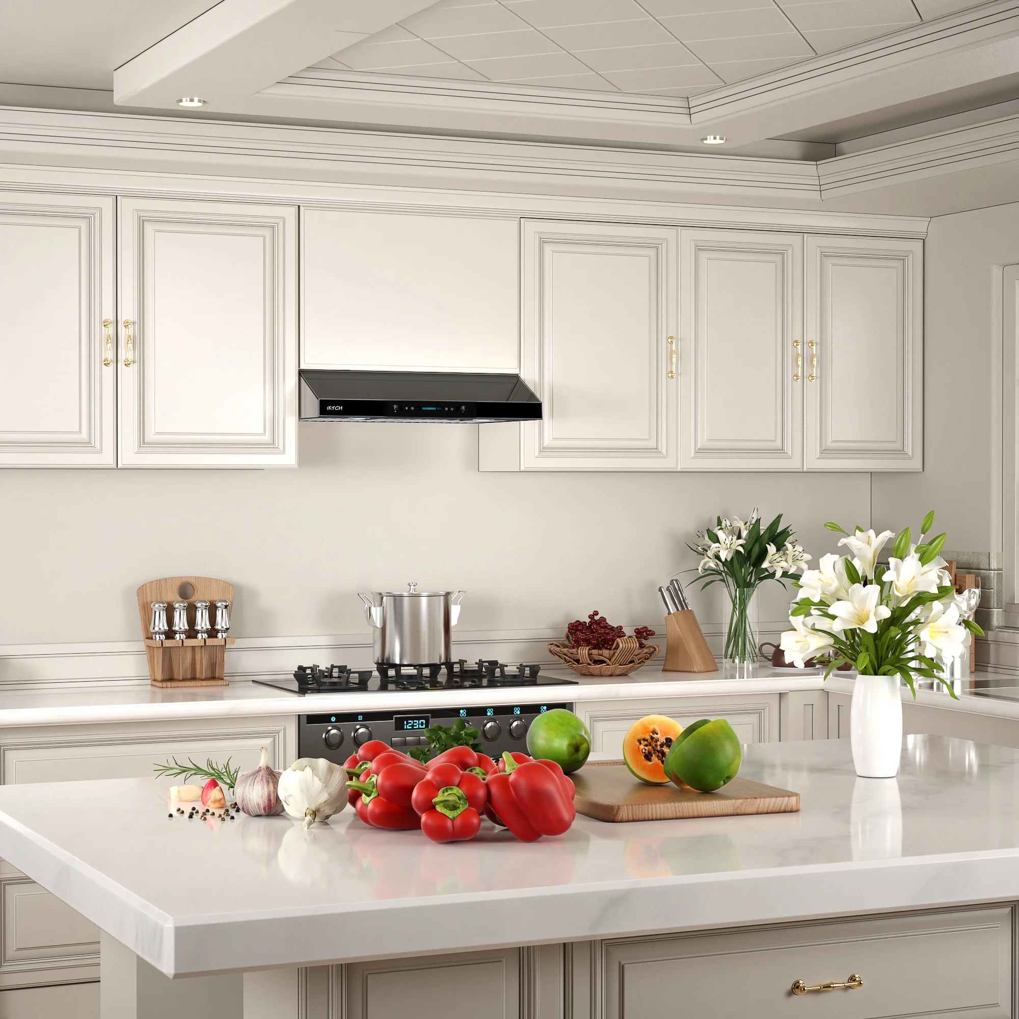 30 Inch Range Hood. 900 CFM Ducted Under Cabinet Range Hood in Stainless Steel and Black Glass with LED Lights