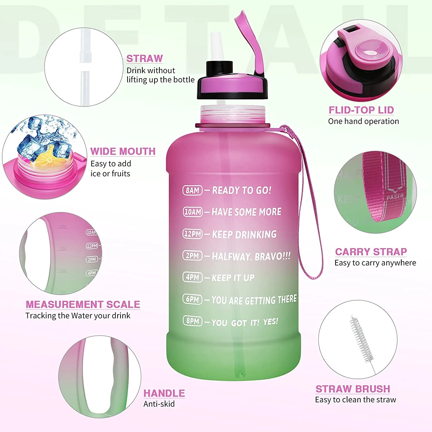 PASER Half Gallon/64oz Water Bottle with Straw & Time Marker, Wide Mouth Leakproof BPA Free Sports Motivational Water Jug with Measurements to Ensure You Drink Enough Water (Included Straw Brush)