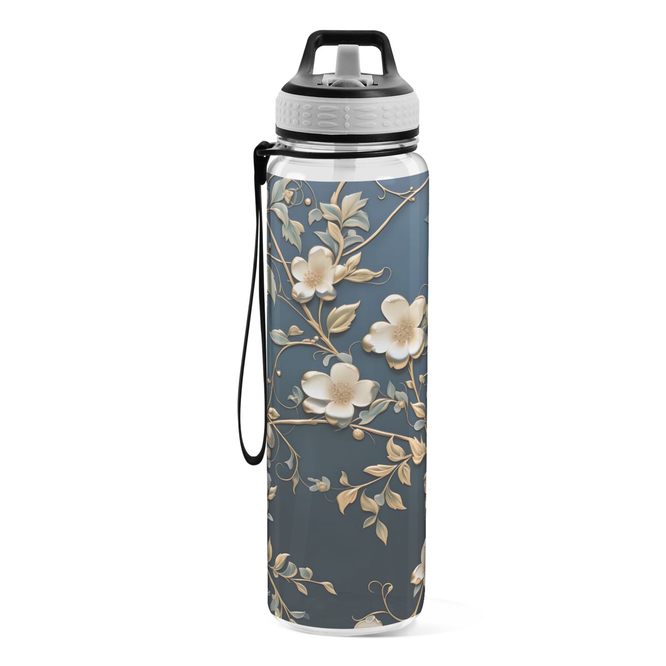Jasmine Floral Flowers 32oz Water Bottles with Straw Tritan Leakproof Sports Bottle BPA Free Clear for Fitness Gym Swimming Cycling