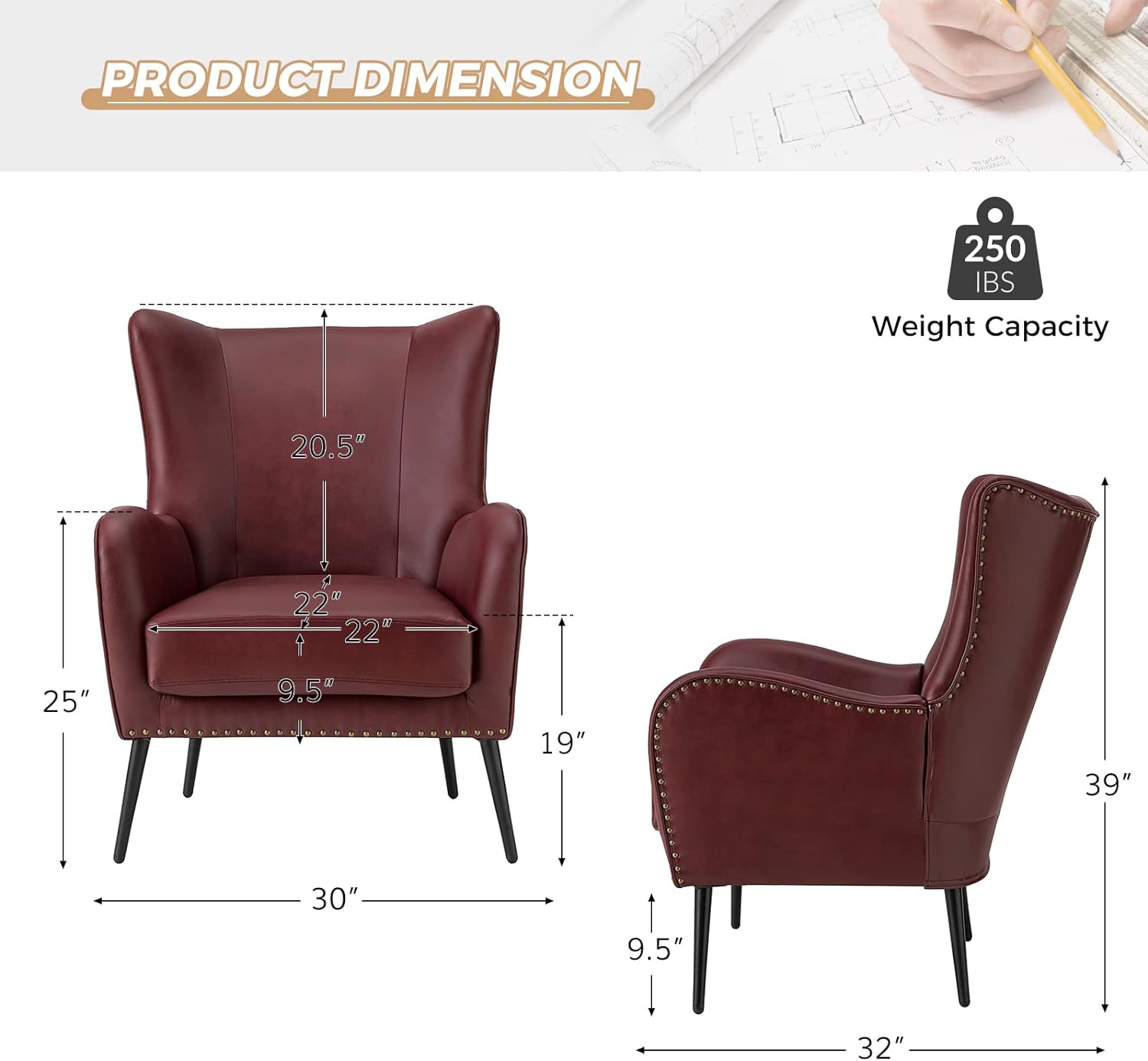 Faux Leather Accent Chair Set Of 2 W/Removable Cushion, Comfy Upholstered Armchair With Metal Legs & Nailhead Trim Wingback Vanity Chair Desk Chair For Reading Living Room Bedroom,BURGUNDY