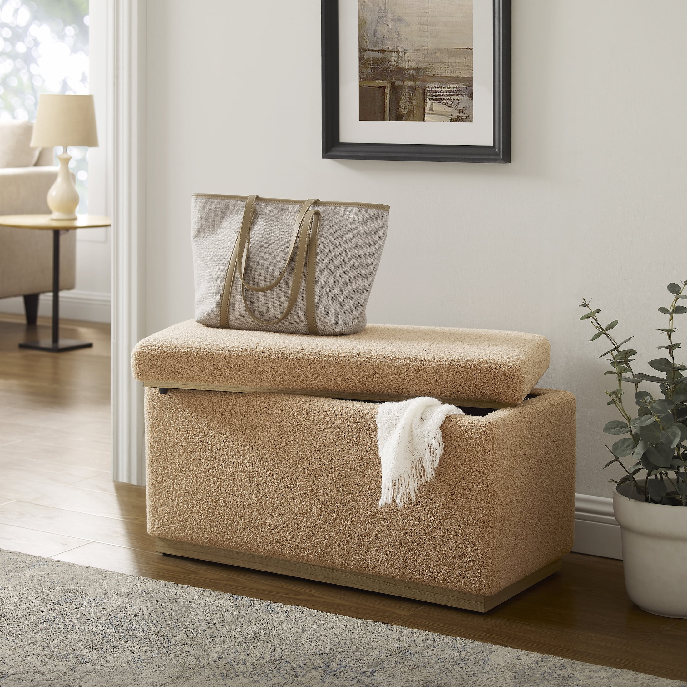 Linon Elta Rectangle Storage Ottoman, Tan