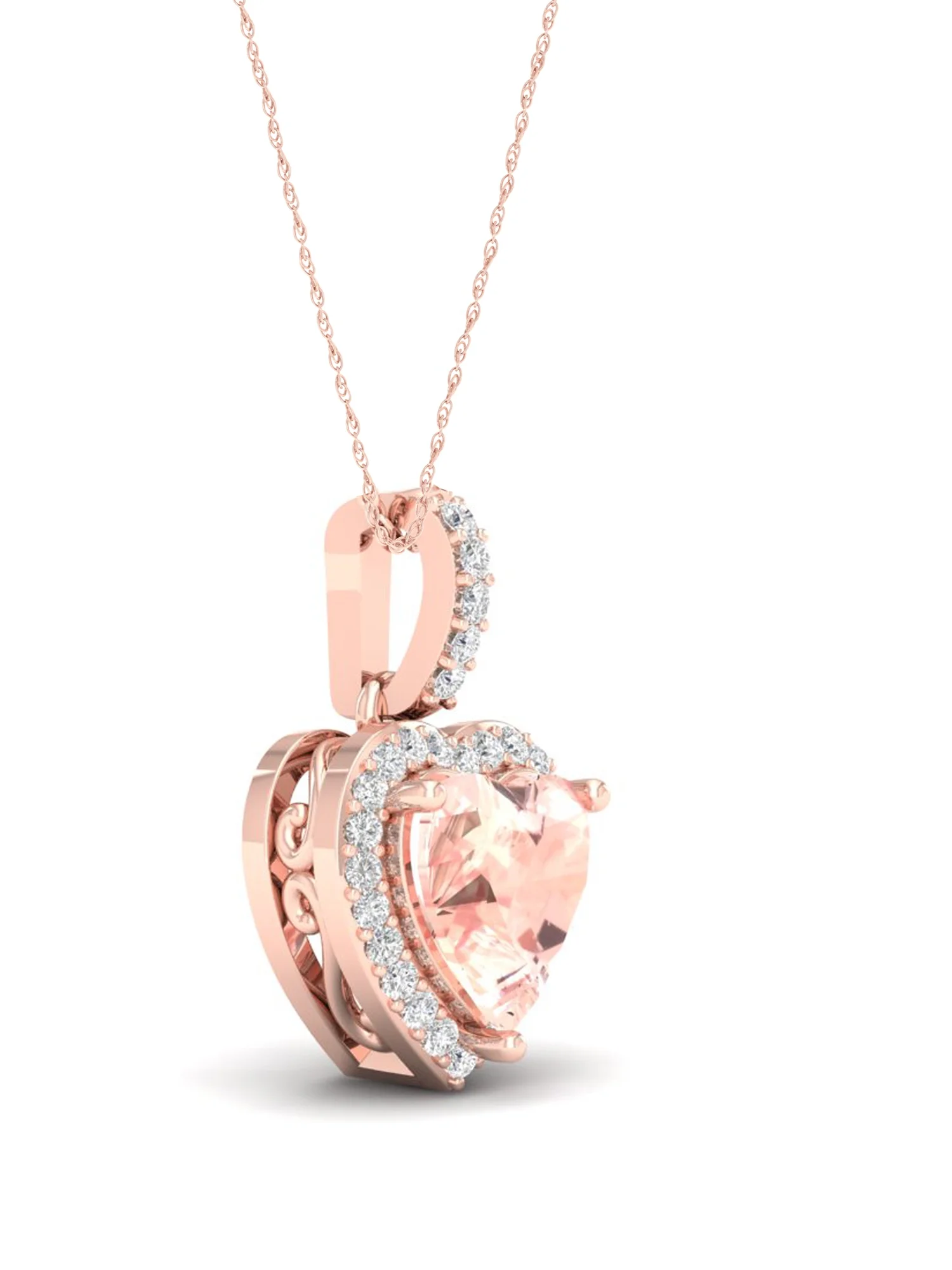 Imperial Gemstone 10k Rose Gold Heart Cut Morganite 0.07CT TW Diamond Halo Pendant Necklace