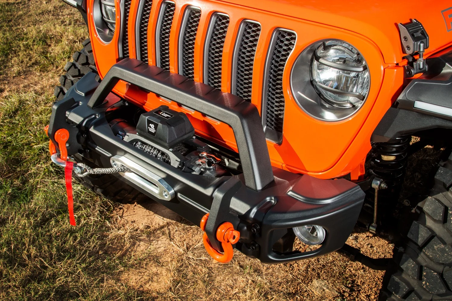 Rugged Ridge by RealTruck | 11549.07 Stamped Steel Overrider, Acrus Front Bumper; 18-Up Jeep Wrangler JL & JT Compatible with Select: 2019 Jeep Wrangler Unlimited, 2021 Jeep Gladiator