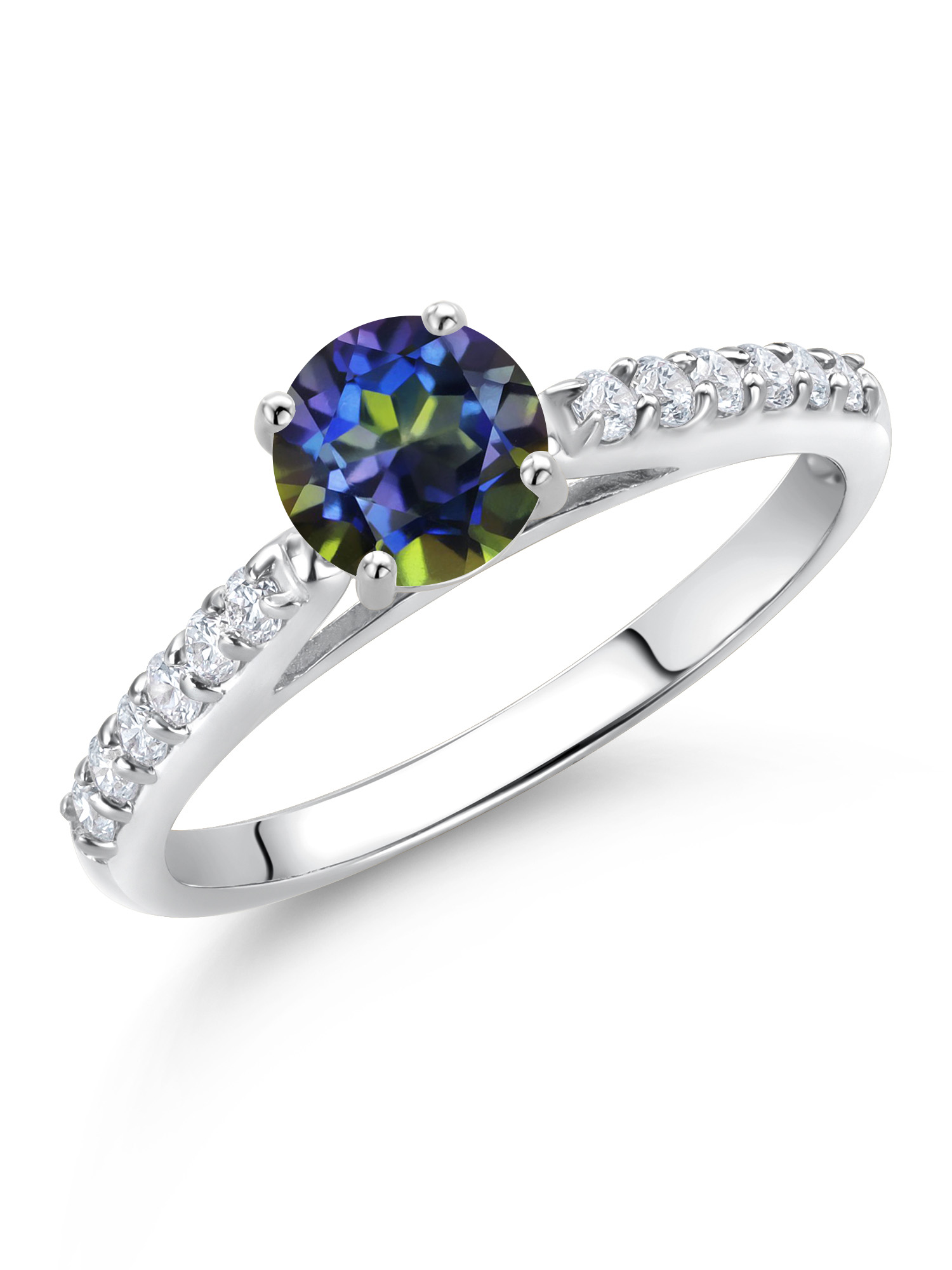 Gem Stone King 10K White Gold Blue Mystic Topaz and White Lab Grown Diamond Wedding Engagement Solitaire Anniversary Ring (0.68 Cttw, Round 5MM, Gemstone, Available In Size 5, 6, 7, 8, 9)