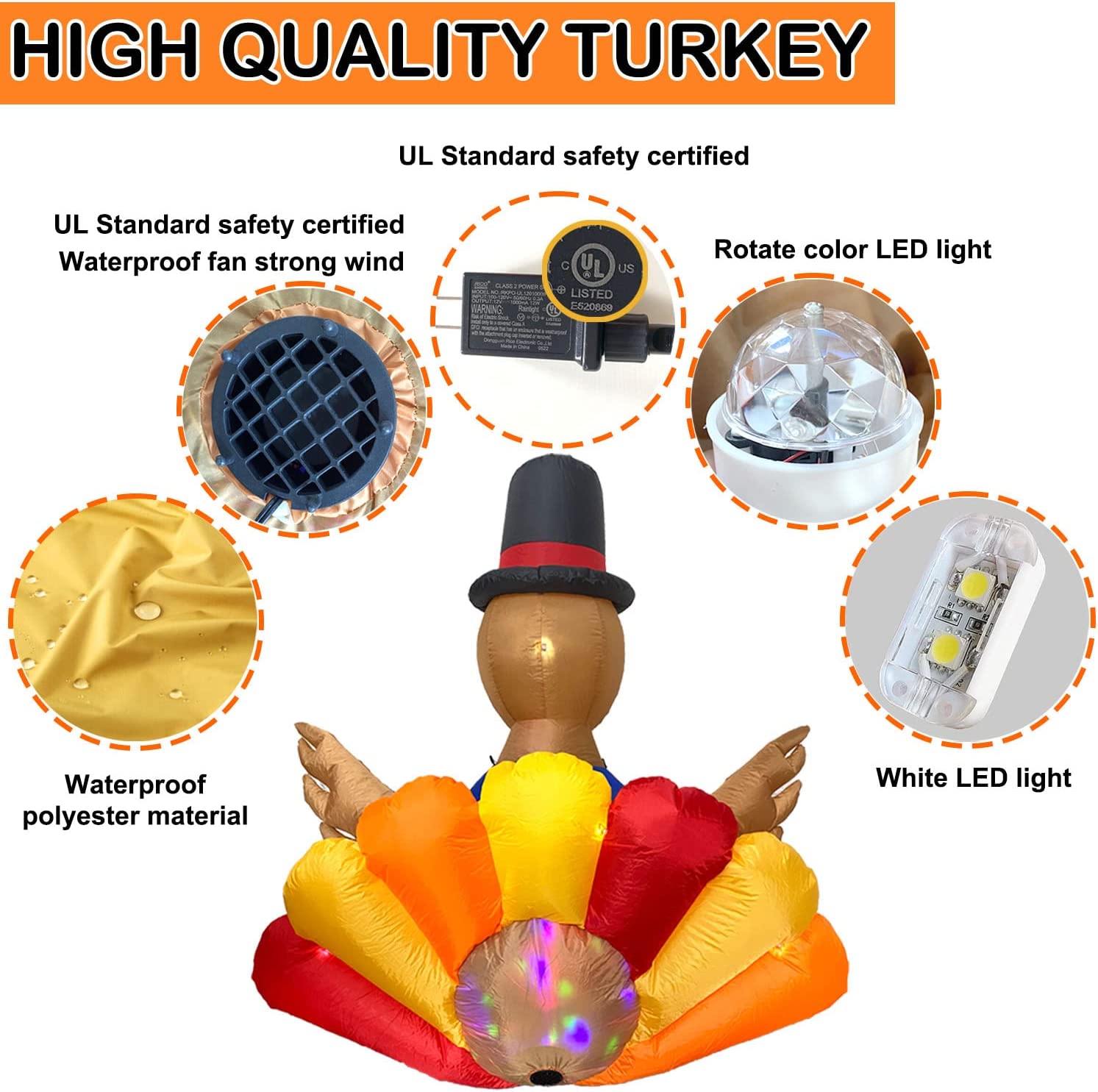 Colorful Rotating LED Lights Inflatables Turkey Thanksgiving Decorations 5ft for Fall Thanksgiving Day Christmas Inflatables Decoration Outdoor Holiday Yard Lawn Garden Decor