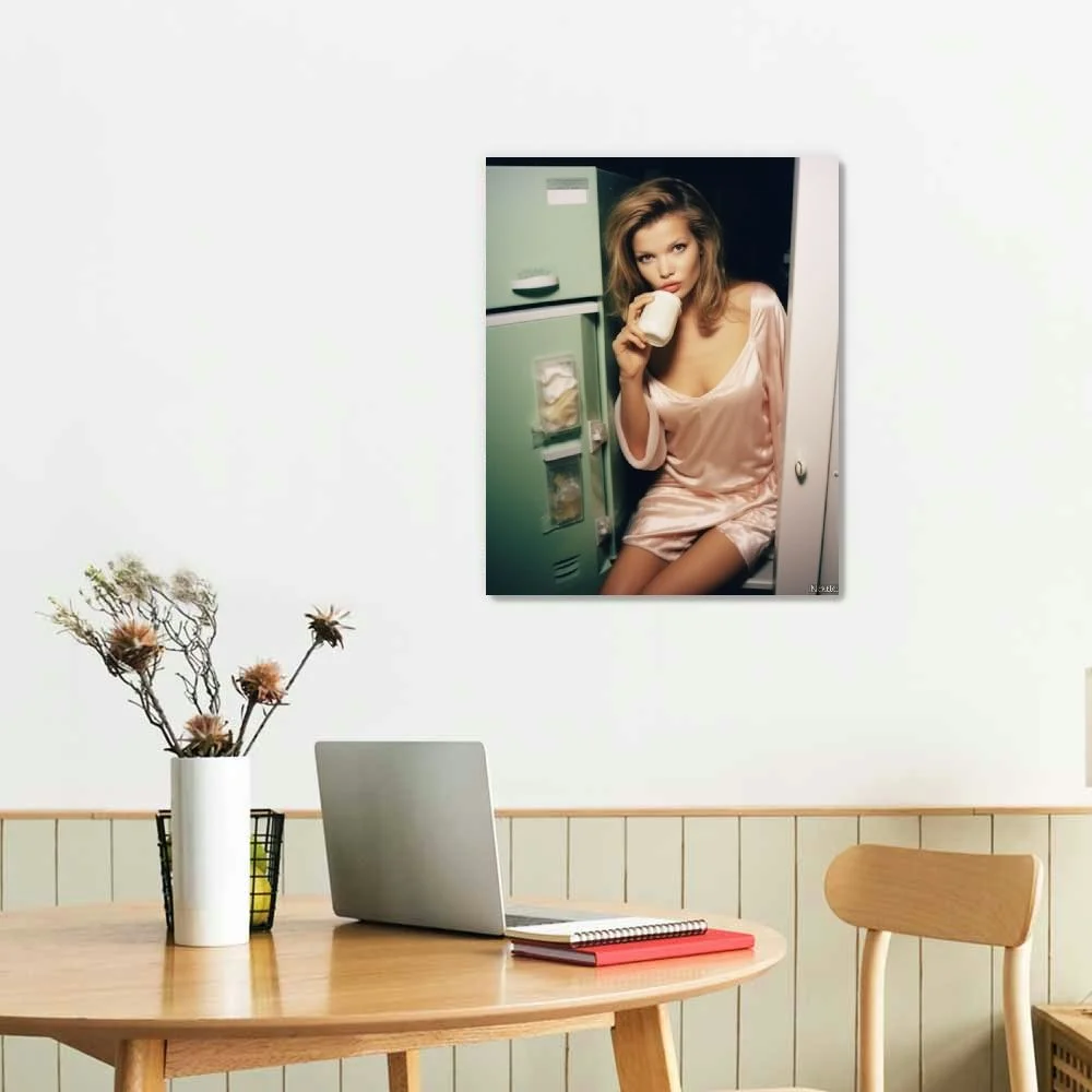 Nawypu Kate Moss Kneeling in Front of Fridge with Milk Bottle Moss Wall Art Poster Canvas Painting Posters And Prints Wall Art Pictures for Living Room Bedroom Decor