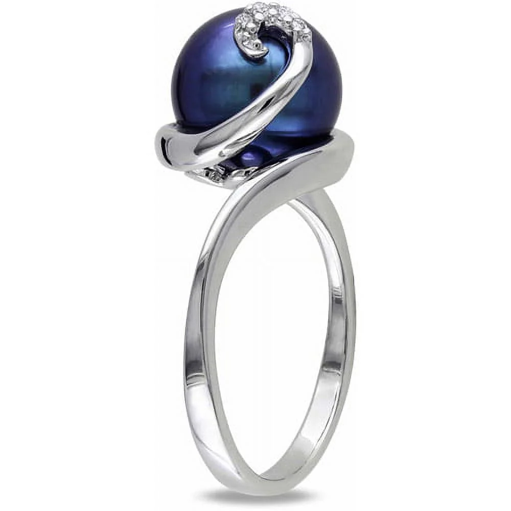 9-9.5mm Black Cultured Freshwater Pearl and Diamond-Accent Sterling Silver Swirl Ring