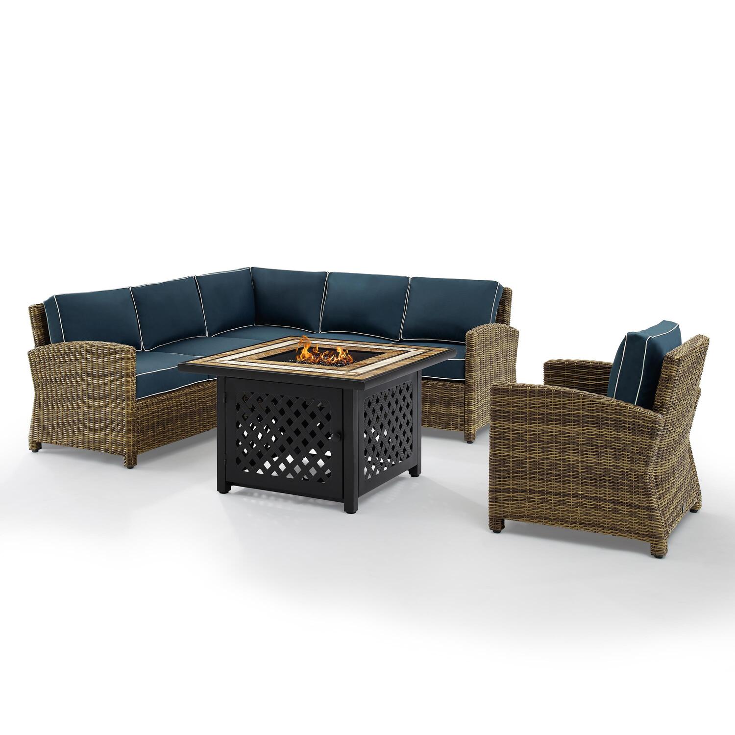 Maykoosh Artisanal Artistry 5Pc Outdoor Wicker Sectional Set Sangria/Weathered Brown - Right Side Loveseat, Left Side Loveseat, Corner Chair, Arm Chair, & Sectional Glass Top Coffee Table