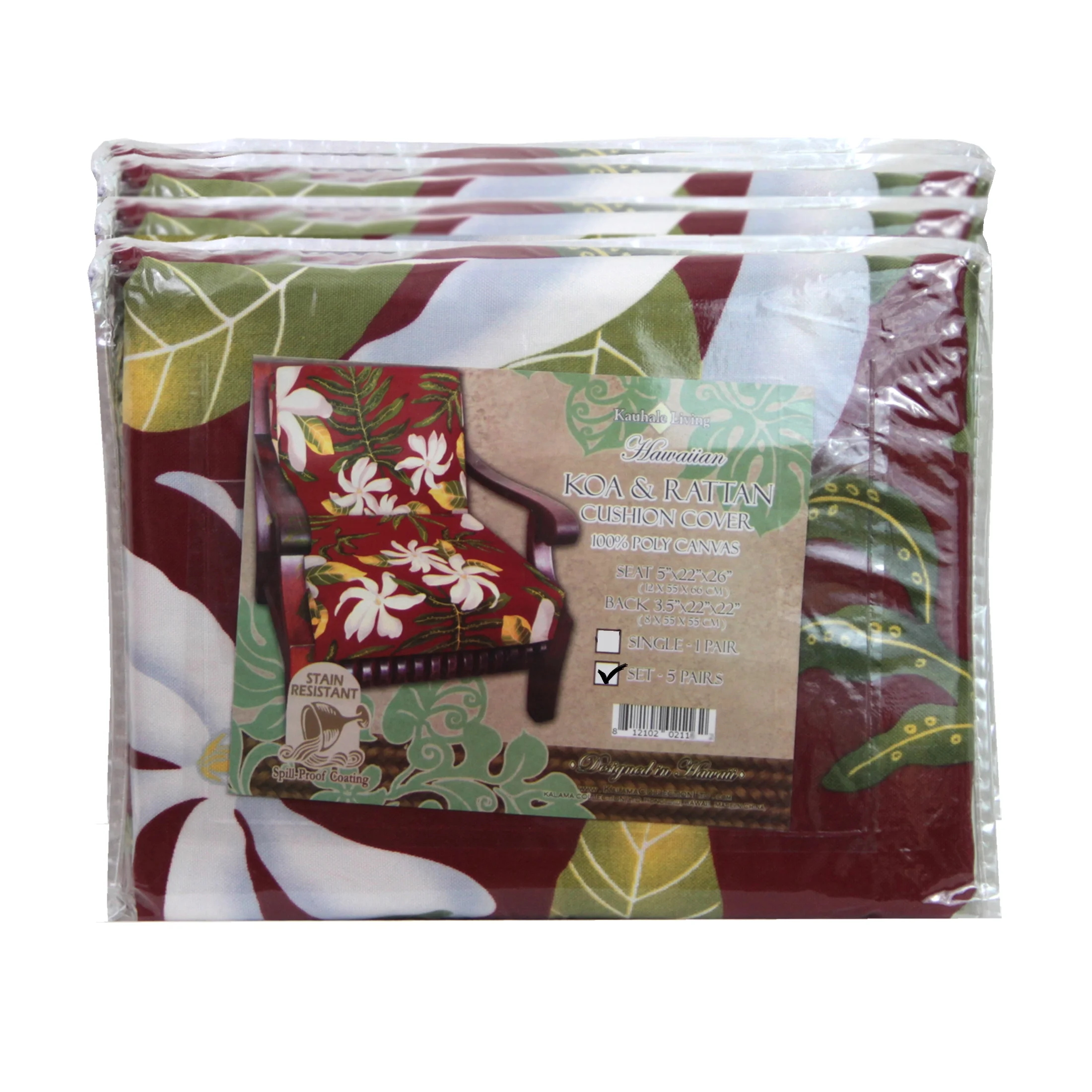 Hawaiian Koa Cushion Seat Cover 5 Pair Sets in Tiare Flower Design, Durable Canvas Fabric