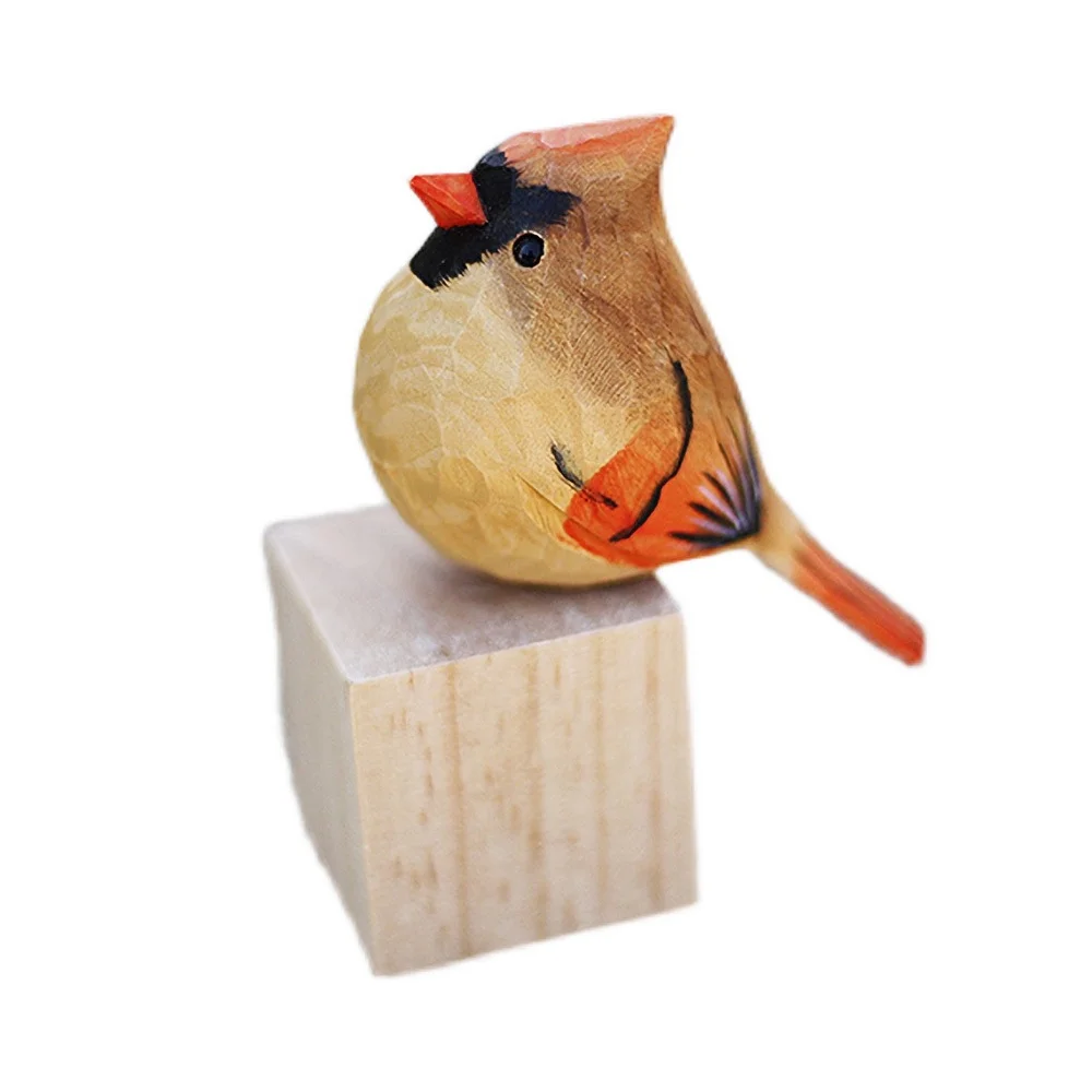 Female Cardinal Bird Wood Figurine - Holzlrgus Miniature Handmade Red Art Carved Small Animals Collectible Memorial Gift Bird Garden Ornaments